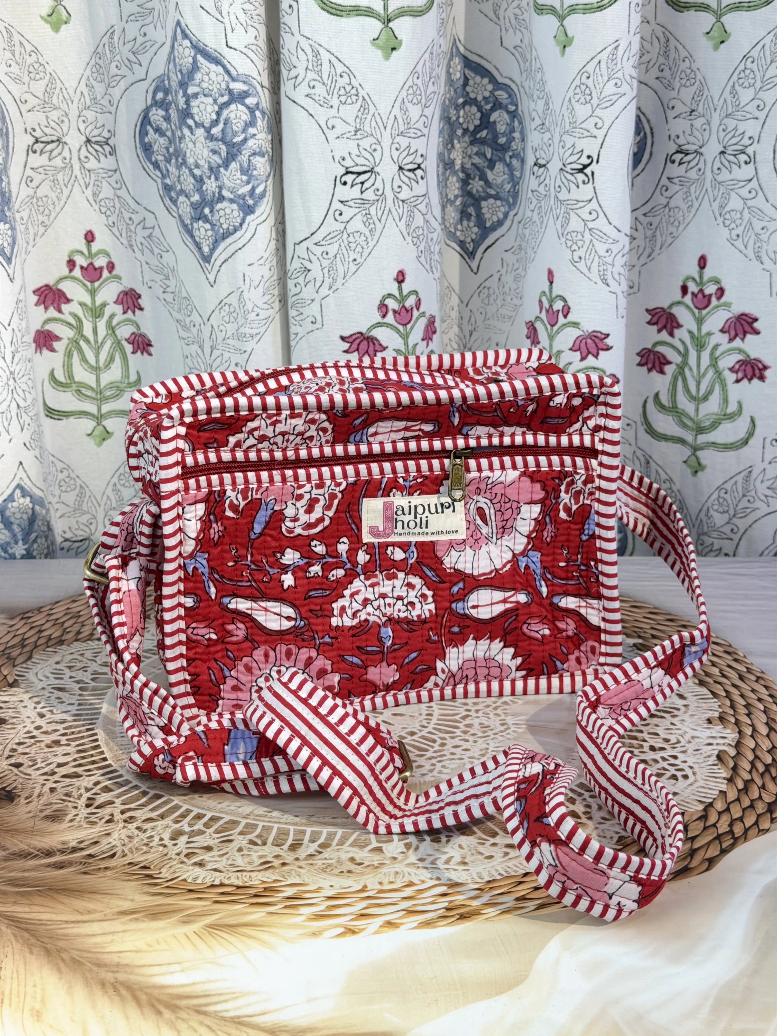 Jaipur Block Print Cotton Quilted Sling Bag -  Red Floral print Front View