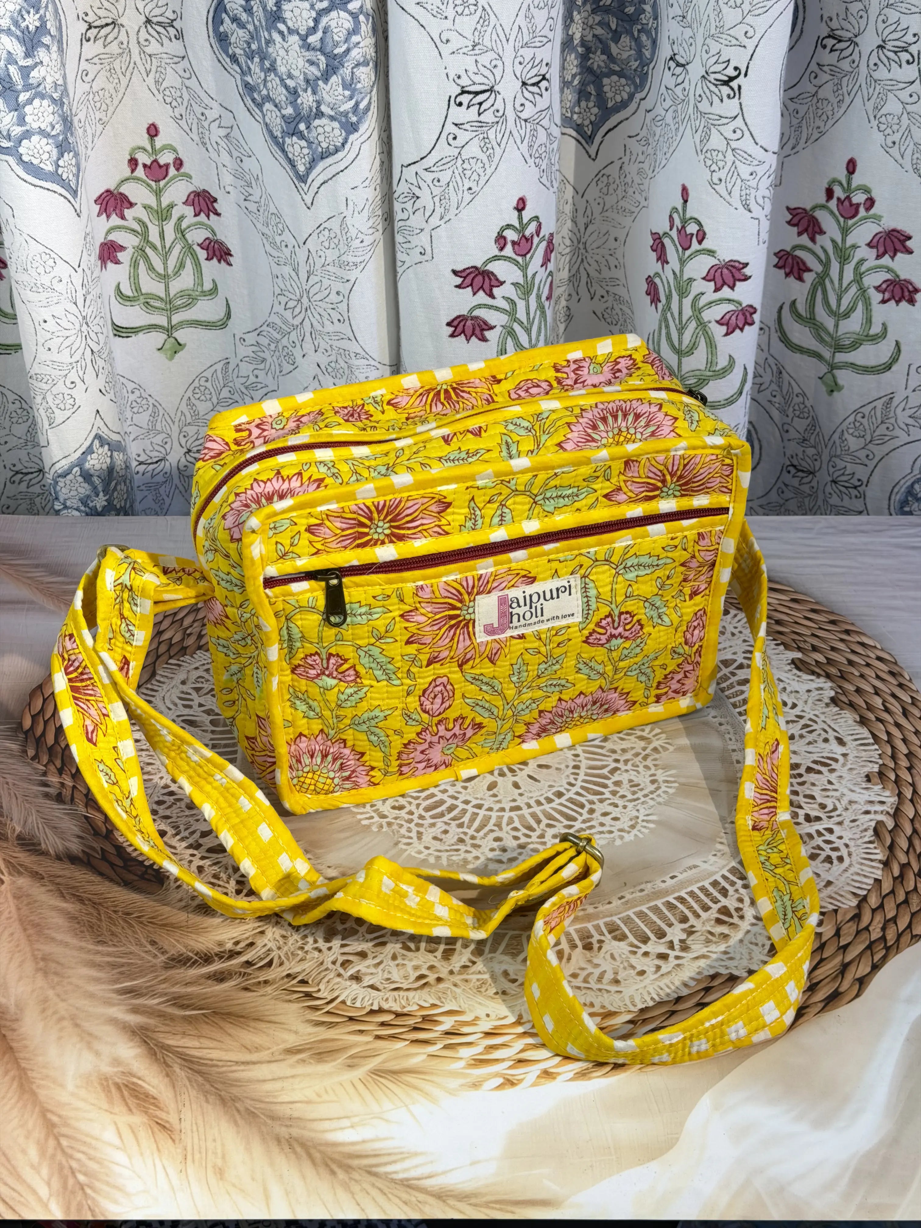Jaipur Block Print Cotton Quilted Sling Bag -  Yellow Floral print Front View