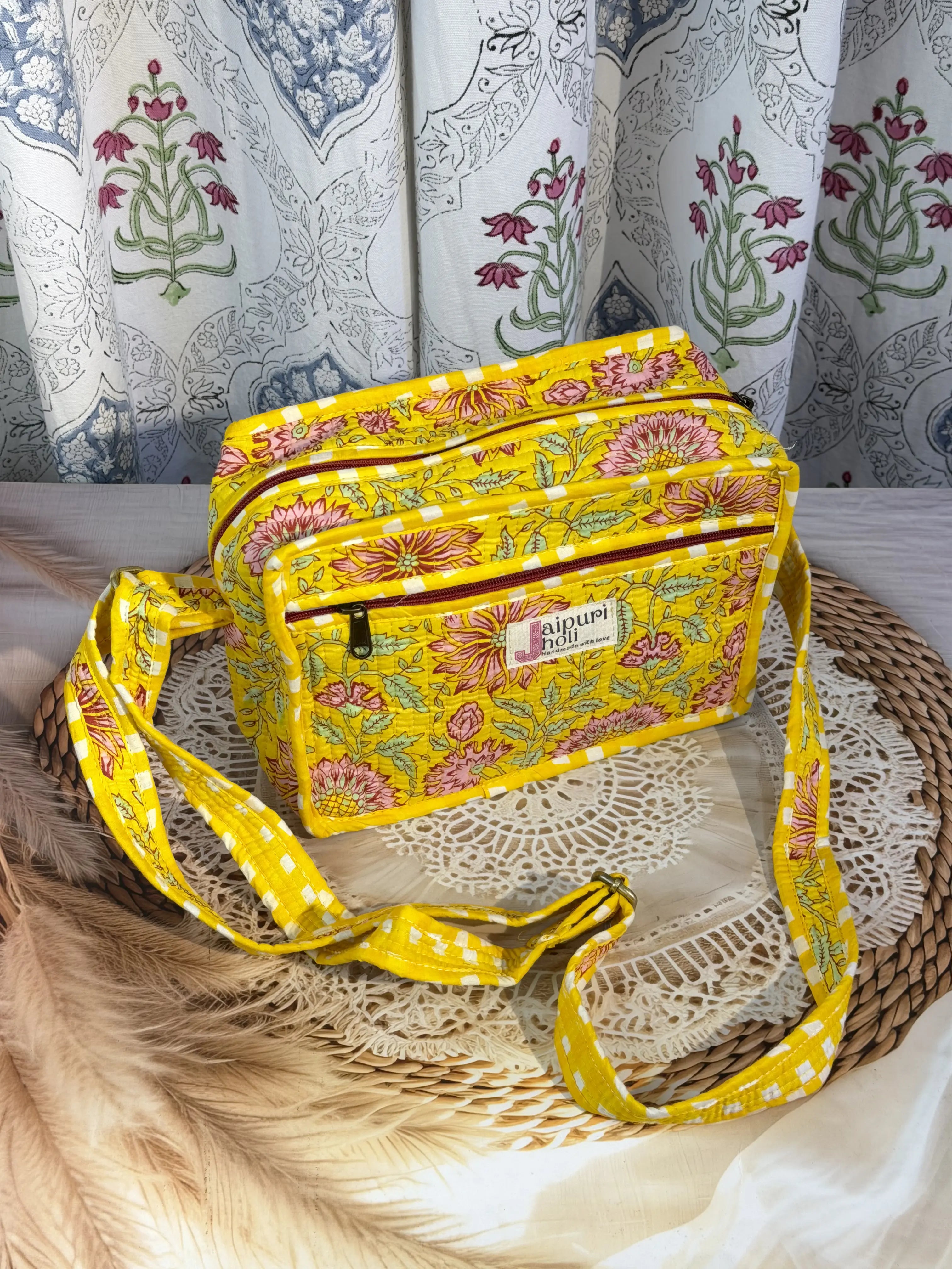 Jaipur Block Print Cotton Quilted Sling Bag -  Yellow Floral print Front View