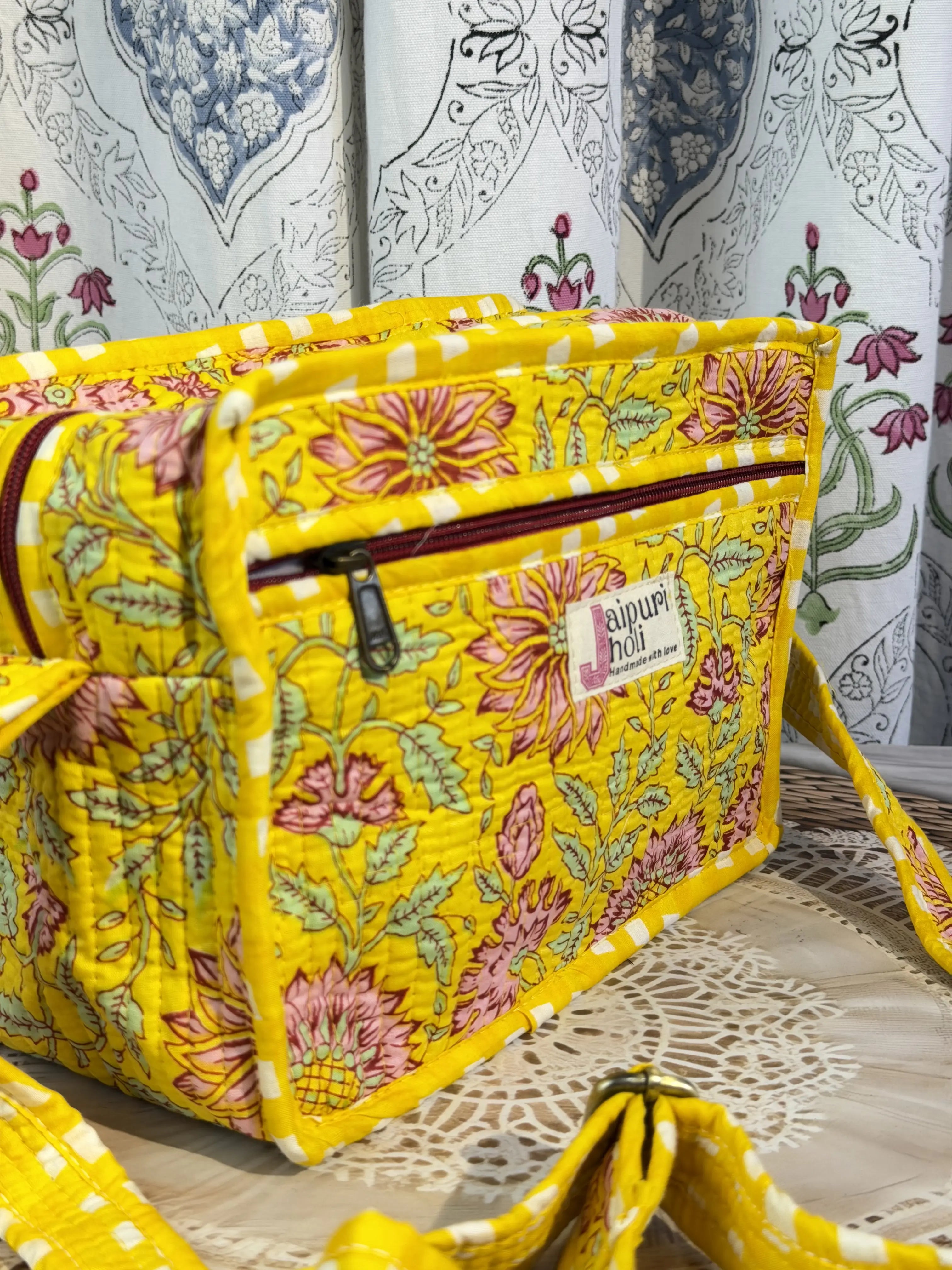 Jaipur Block Print Cotton Quilted Sling Bag -  Yellow Floral print Side View