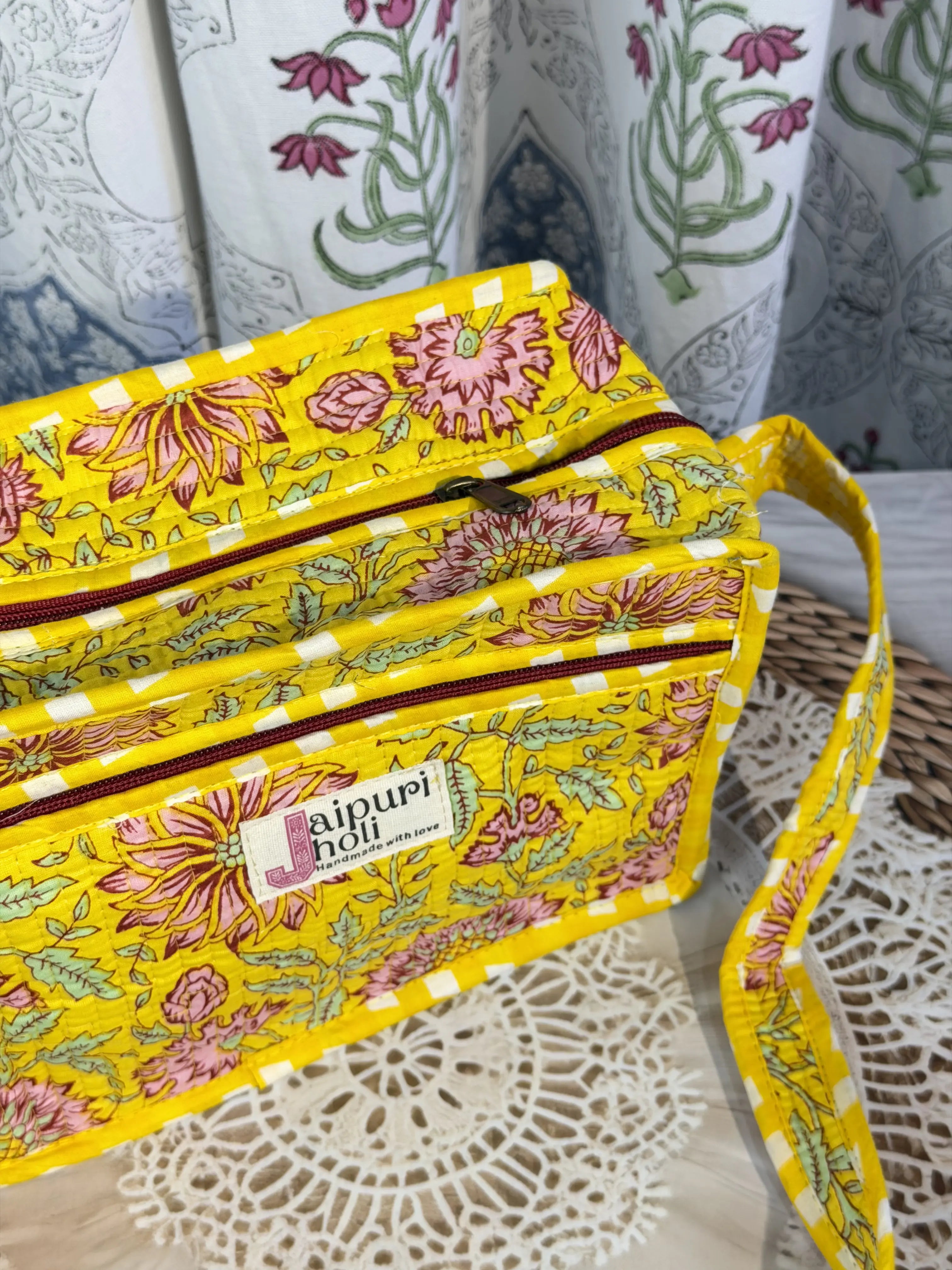 Jaipur Block Print Cotton Quilted Sling Bag -  Yellow Floral print Side View