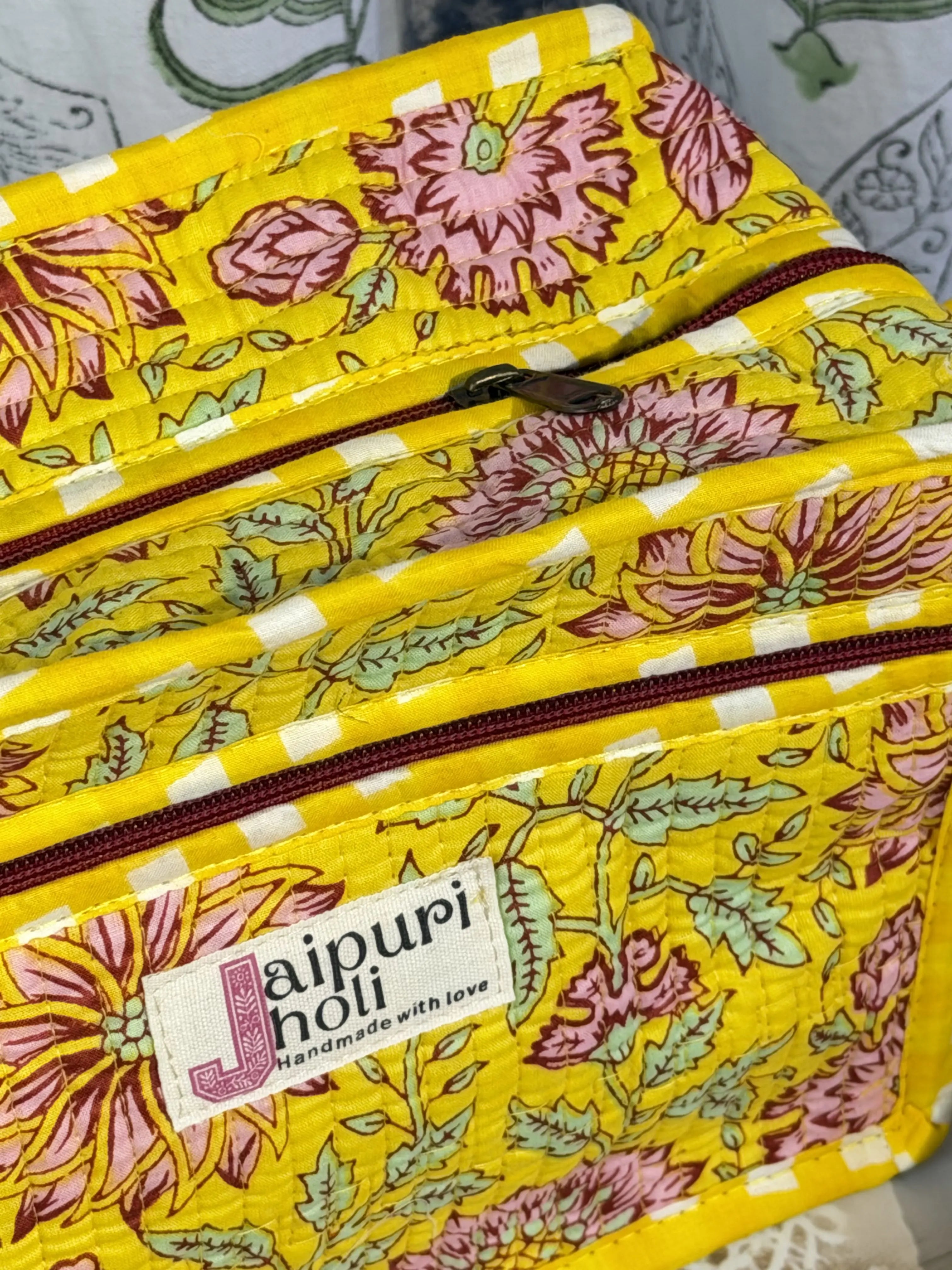 Jaipur Block Print Cotton Quilted Sling Bag -  Yellow Floral print Close-Up View