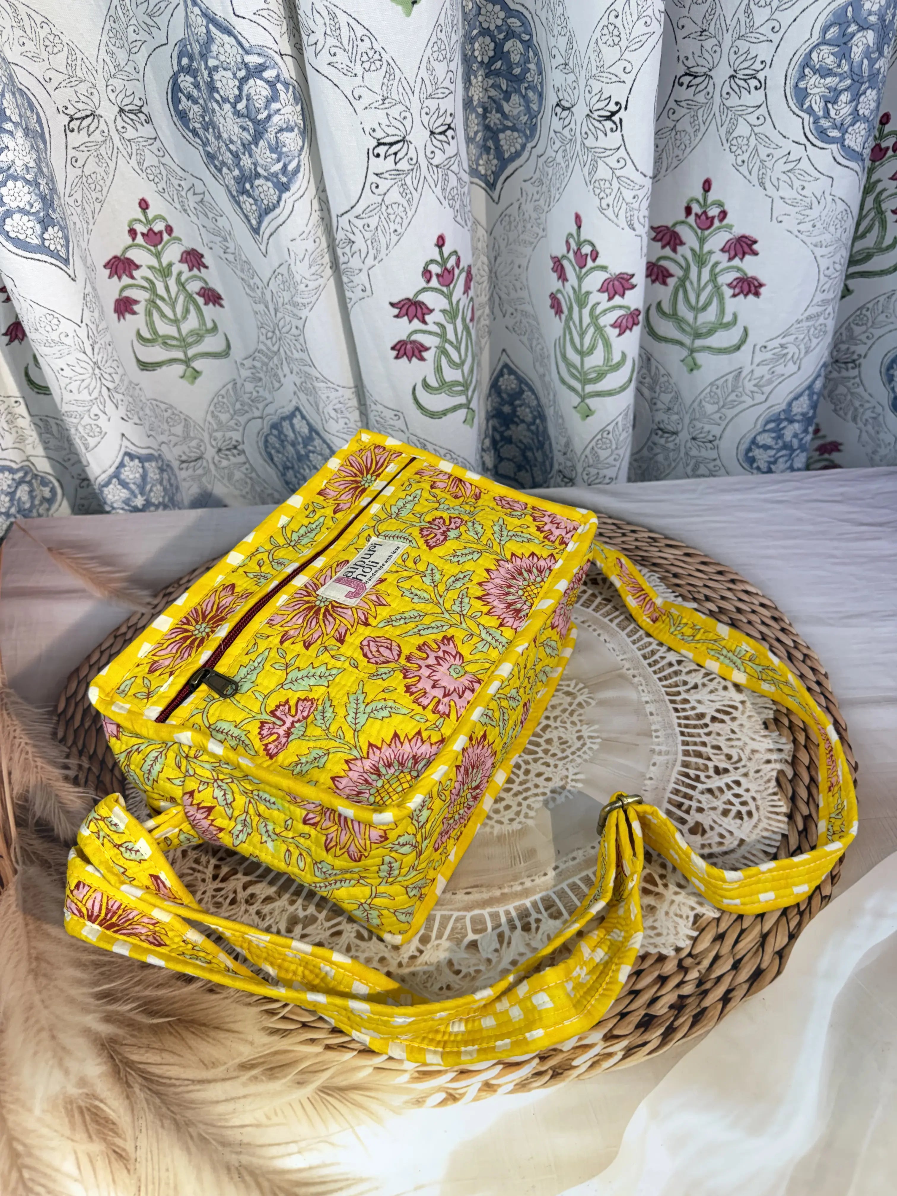 Jaipur Block Print Cotton Quilted Sling Bag -  Yellow Floral Back View