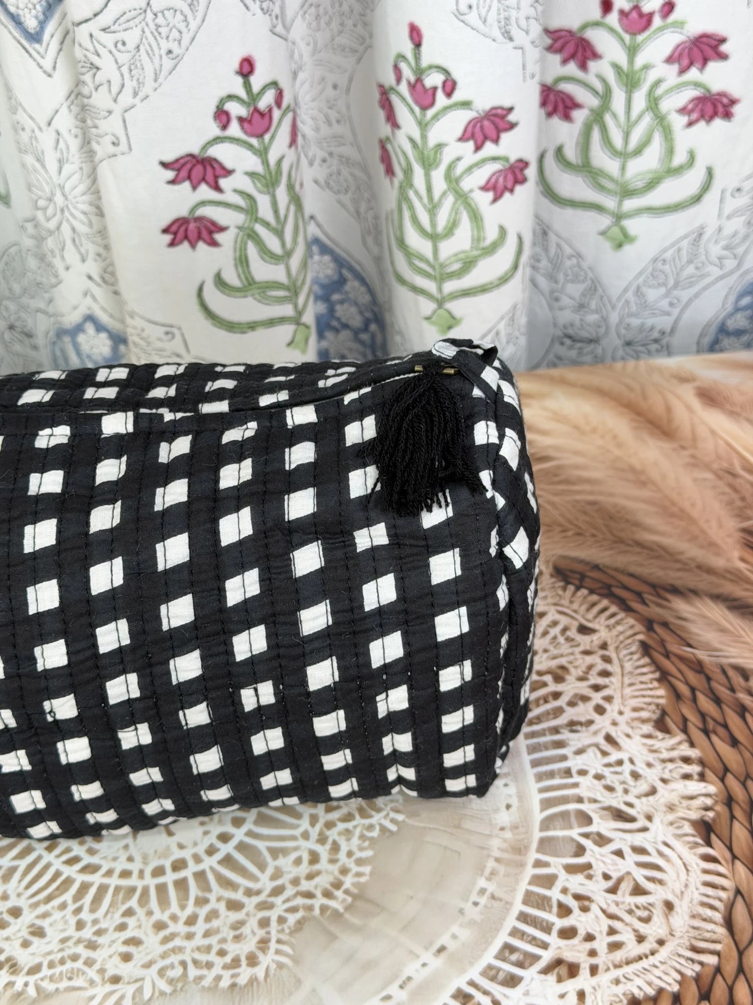 Jaipur Block Print Cotton Quilted Toiletry Pouch in black and white geometric check print, 10 × 6 inch zip pouch for toiletries and travel side view