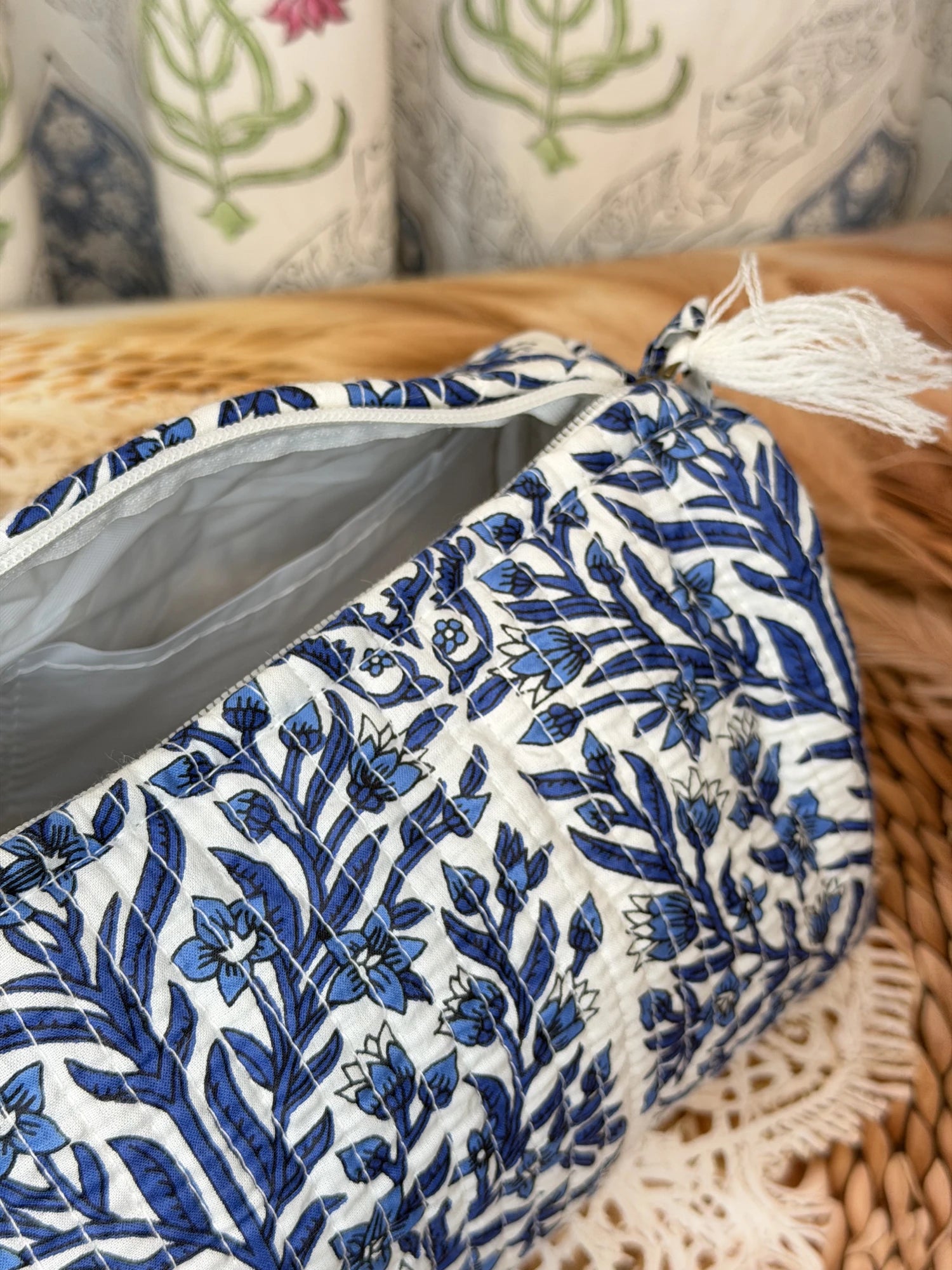 Jaipur Block Print Cotton Quilted Cosmetic Pouch in blue floral leaf print, 10 × 6 inch zip pouch for makeup and skincare essentials interior view