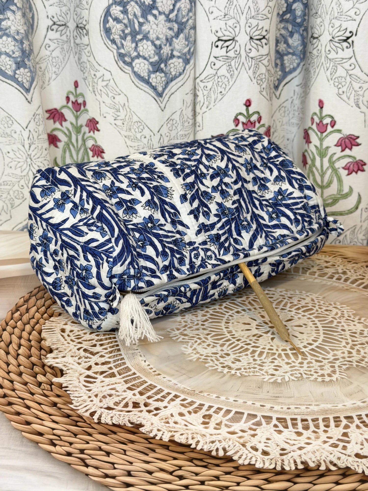 Jaipur Block Print Cotton Quilted Cosmetic Pouch in blue floral leaf print, 10 × 6 inch zip pouch for makeup and skincare essentialsfront view
