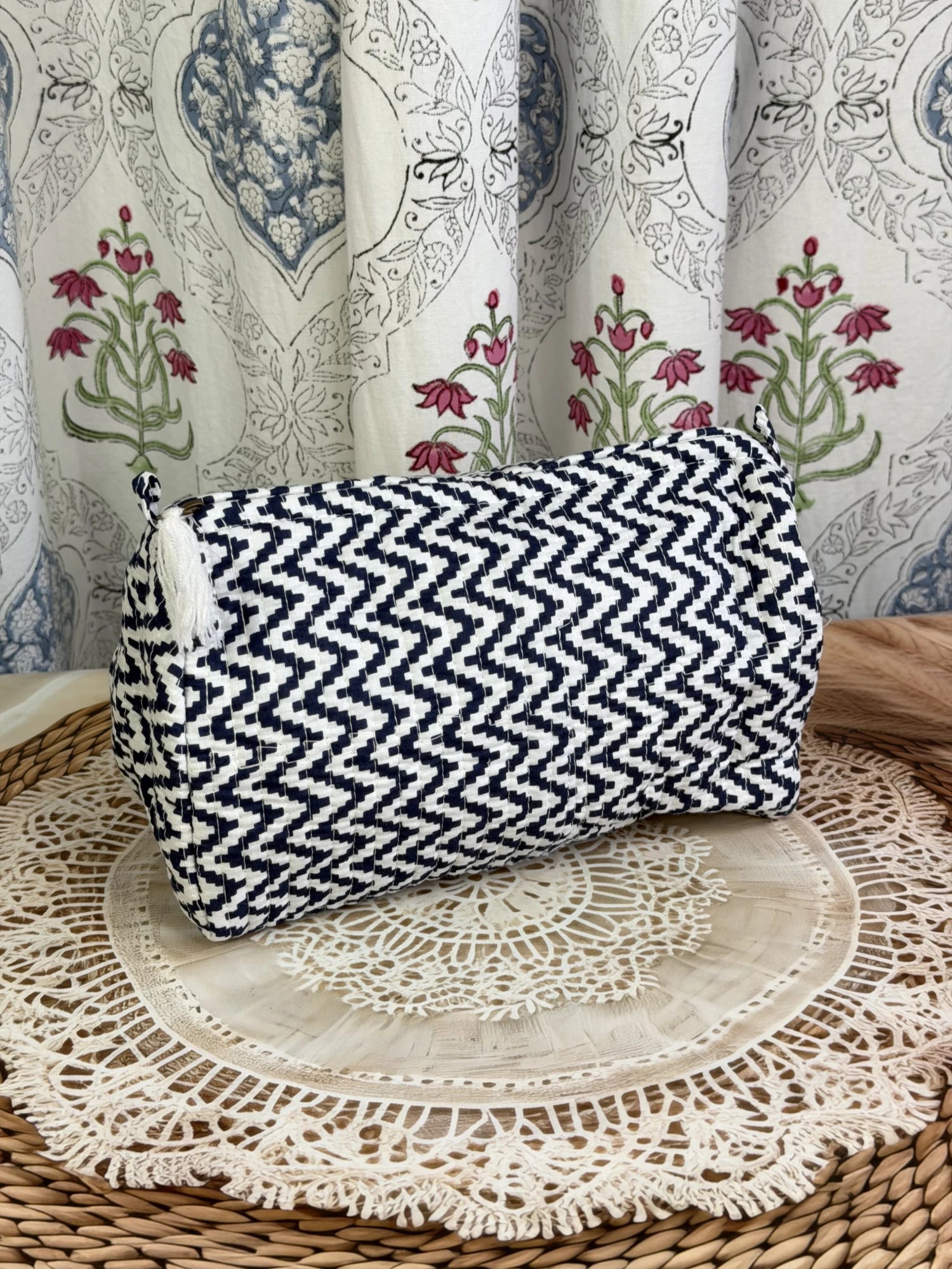 Jaipur Block Print Cotton Quilted Travel Pouch in blue and white geometric zigzag print, 10 × 6 inch zip pouch for everyday essentials front view