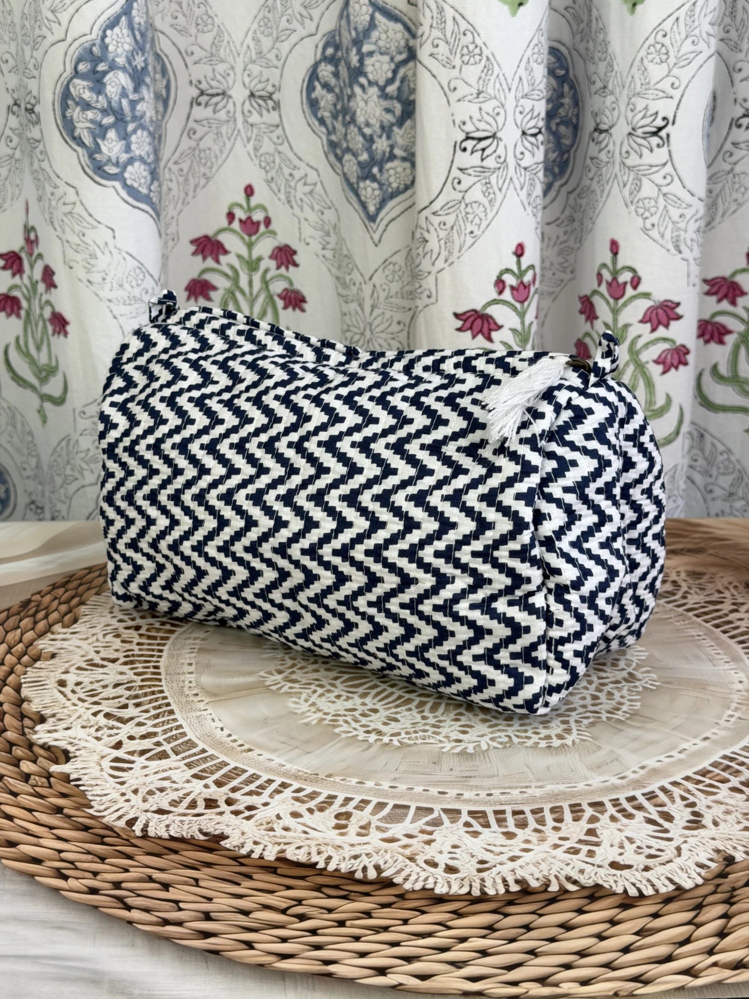 Jaipur Block Print Cotton Quilted Travel Pouch in blue and white geometric zigzag print, 10 × 6 inch zip pouch for everyday essentials side view
