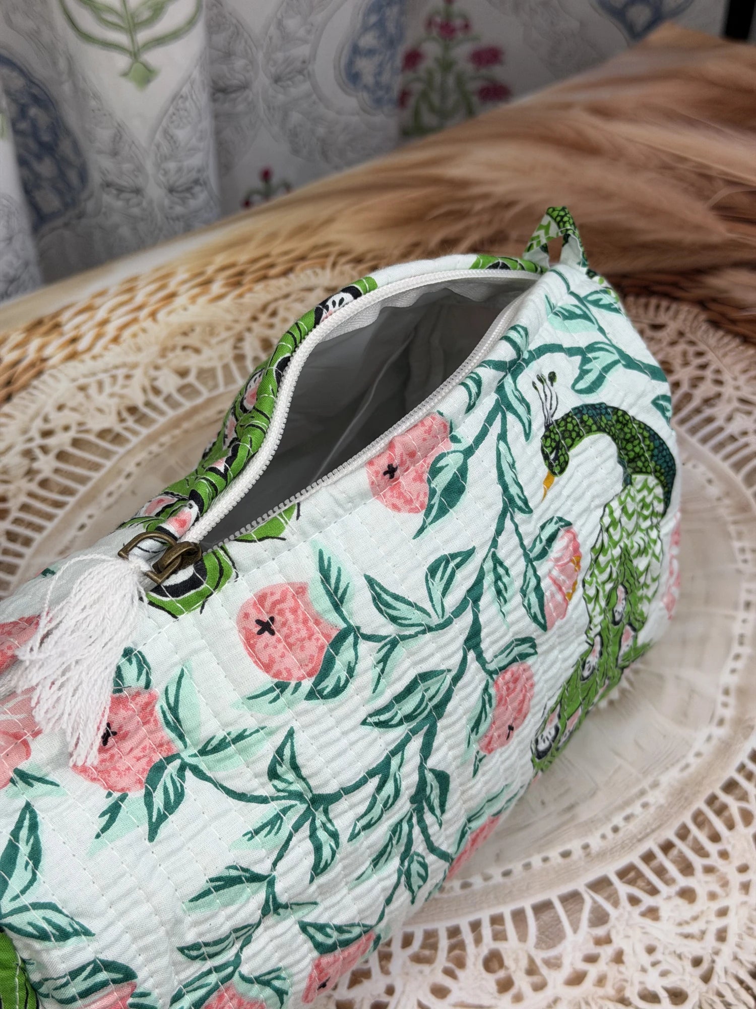 Jaipur Block Print Cotton Quilted Jewellery Pouch in green and pink peacock print, 10 × 6 inch zip pouch for jewellery and accessories back view