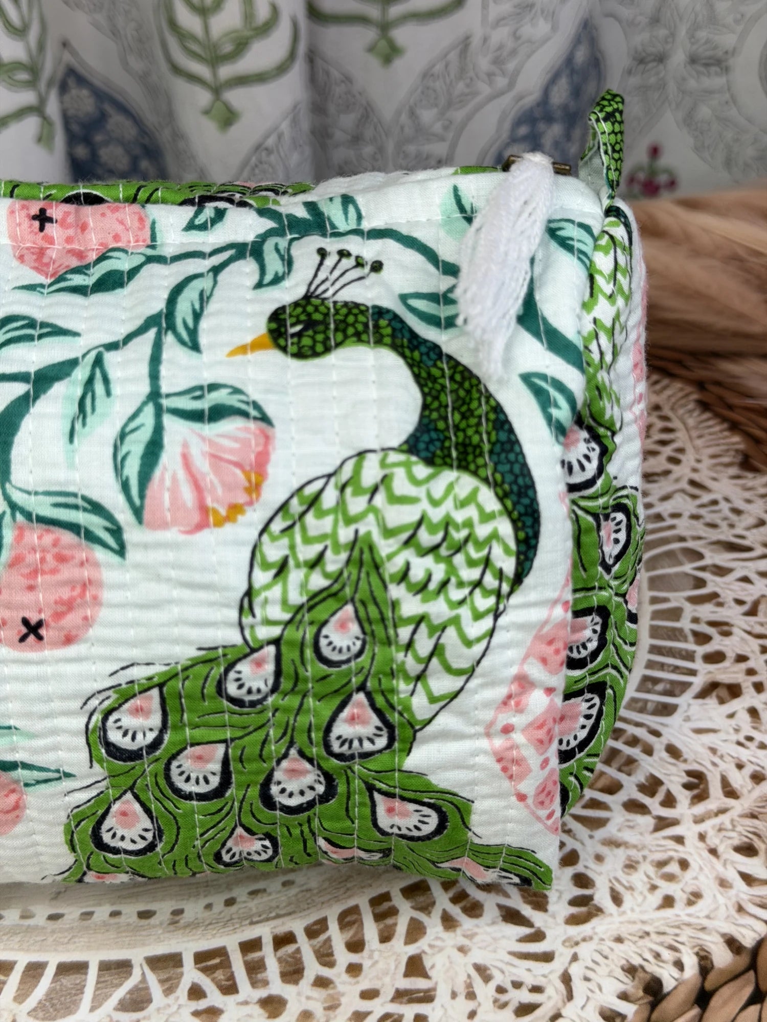 Jaipur Block Print Cotton Quilted Jewellery Pouch in green and pink peacock print, 10 × 6 inch zip pouch for jewellery and accessories interior view
