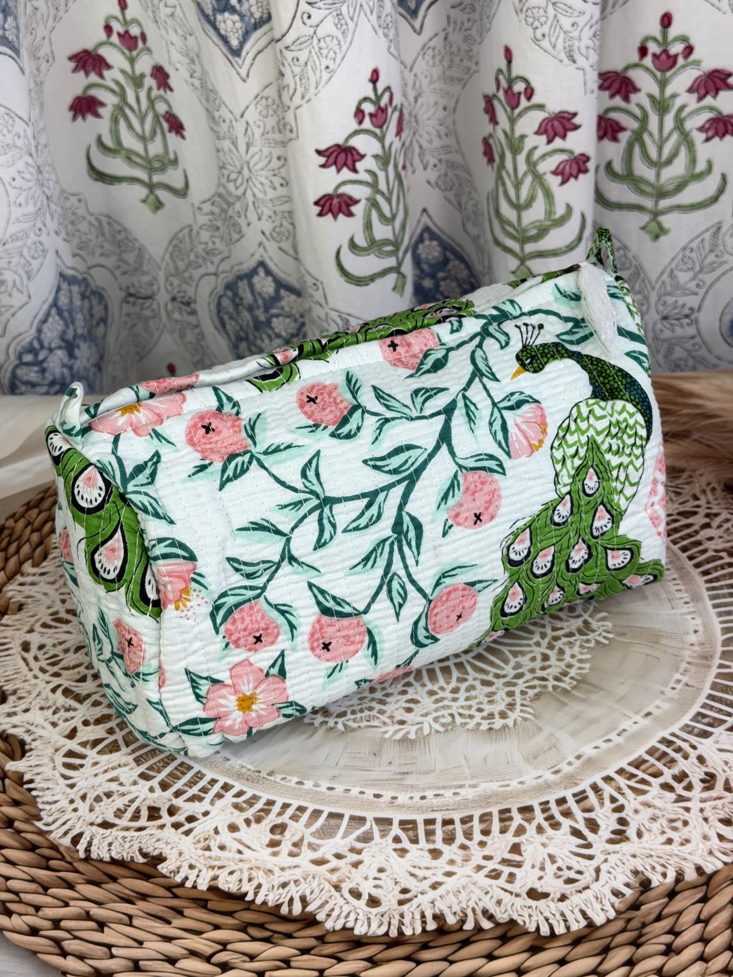 Jaipur Block Print Cotton Quilted Jewellery Pouch in green and pink peacock print, 10 × 6 inch zip pouch for jewellery and accessories front view