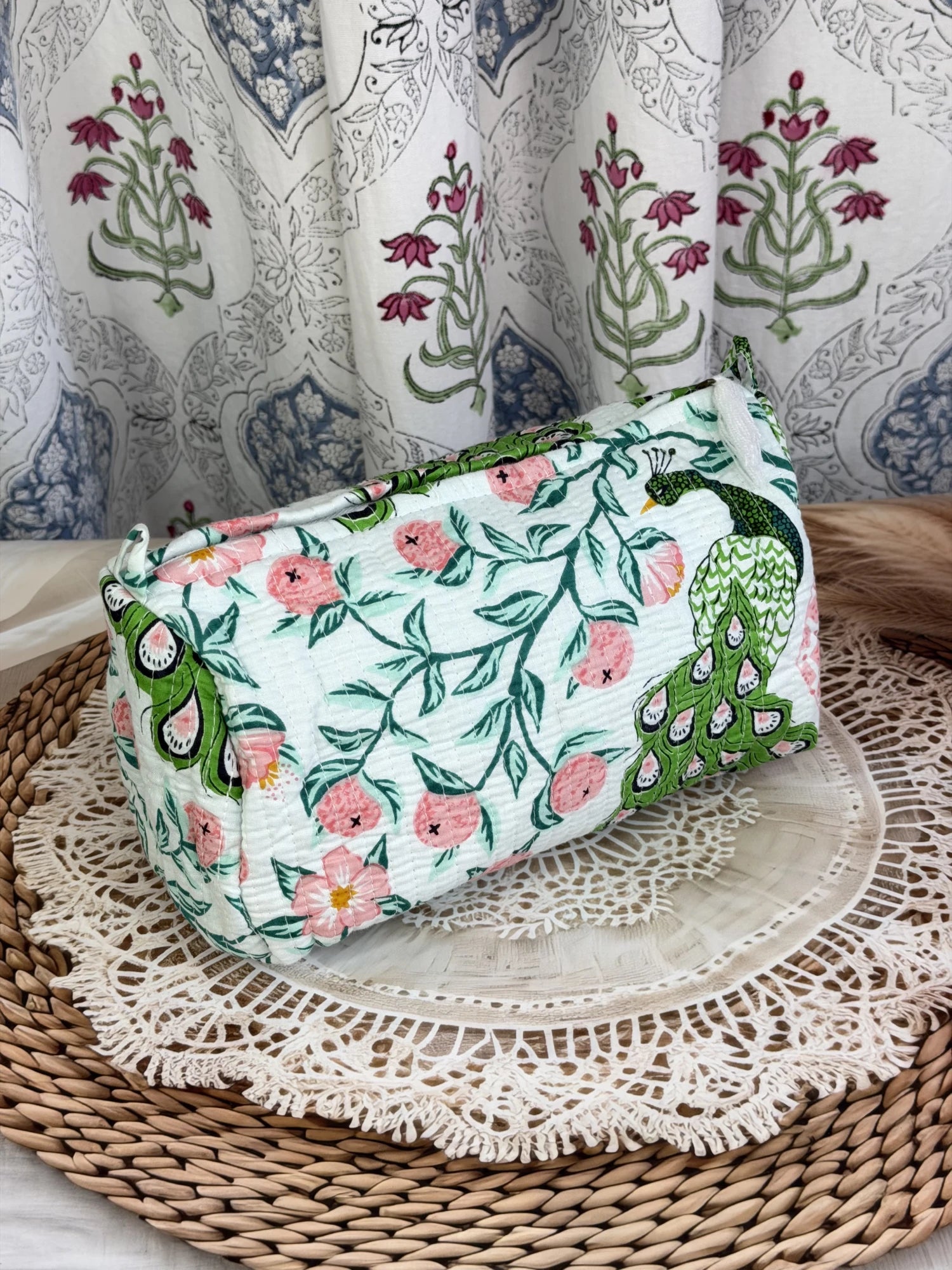 Jaipur Block Print Cotton Quilted Jewellery Pouch in green and pink peacock print, 10 × 6 inch zip pouch for jewellery and accessories close-up view
