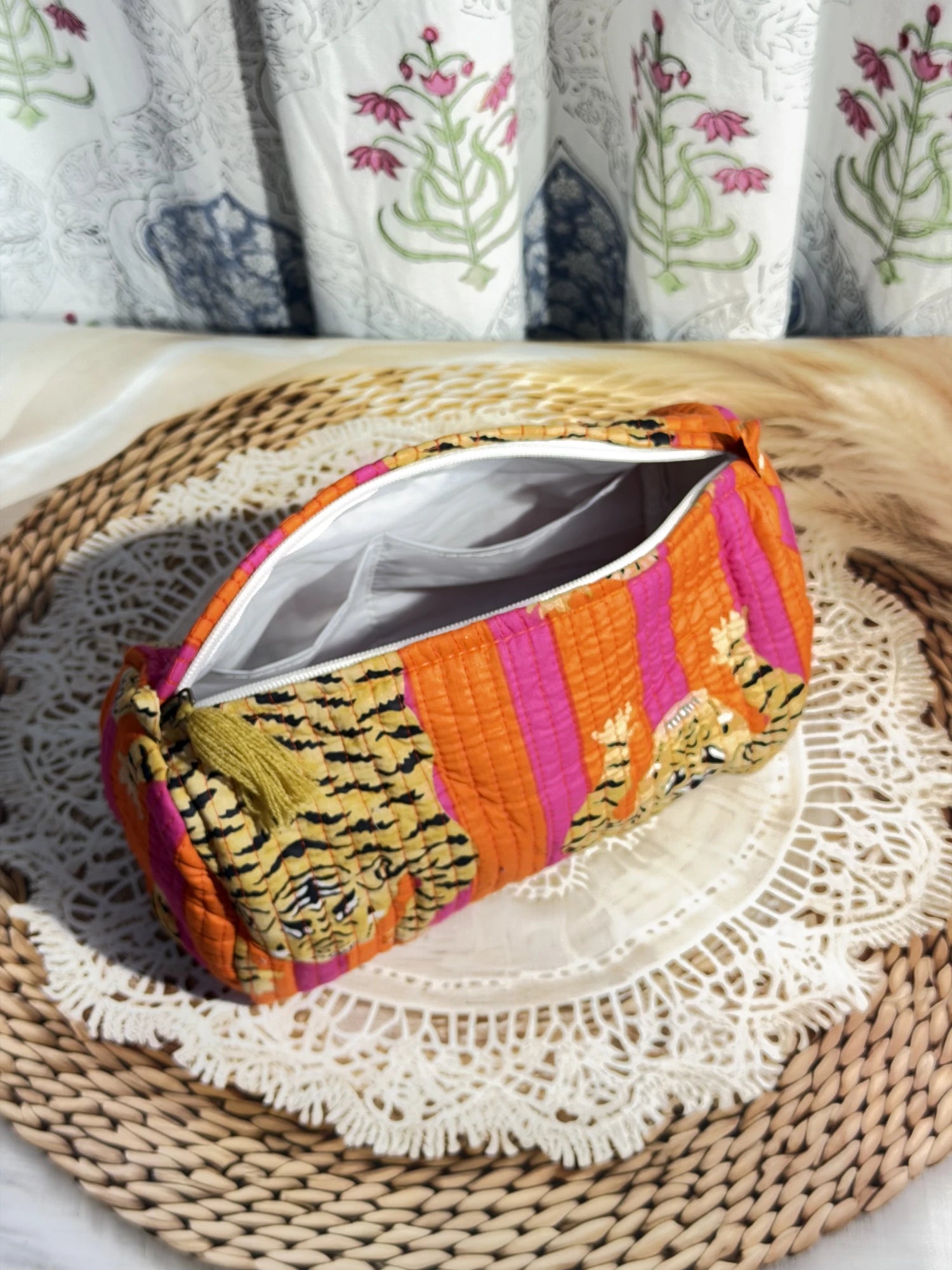 Jaipur Block Print Cotton Quilted Travel Pouch in orange and pink tiger print, 10 × 6 inch zip pouch for travel accessories back view