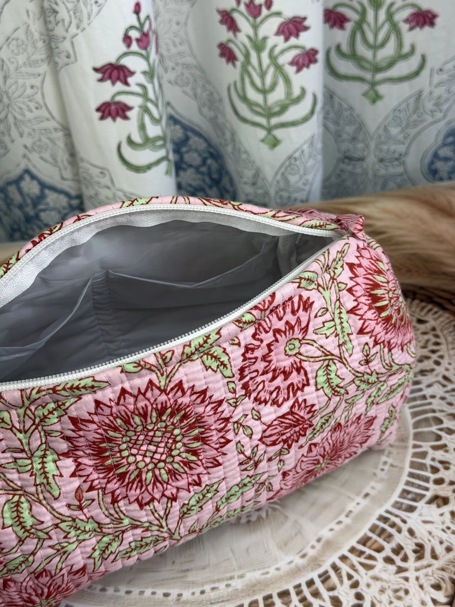 Jaipur Block Print Cotton Quilted Medicine Pouch in peach and pink floral print, 10 × 6 inch zip pouch for medicines and first aid essentials interior view