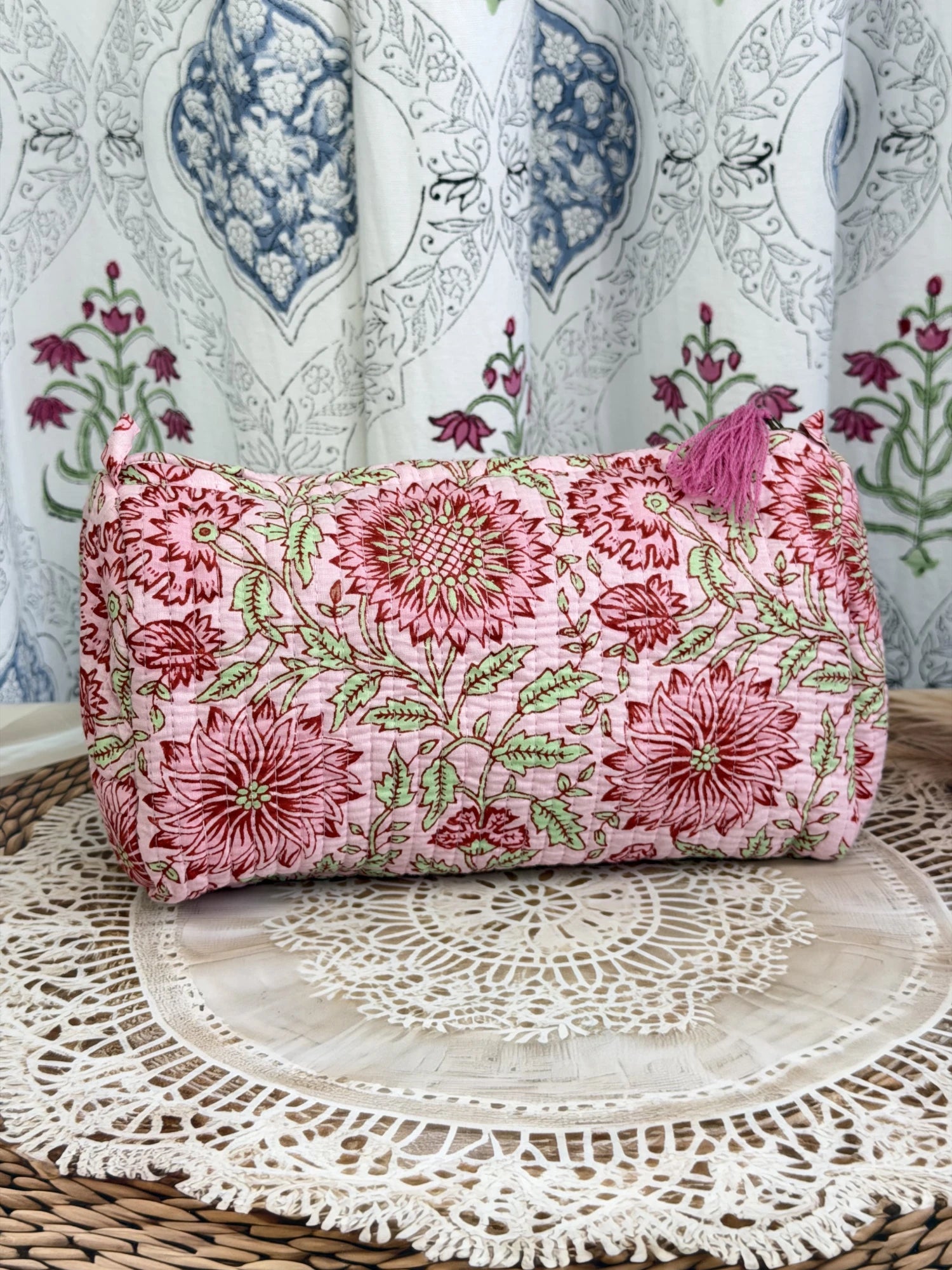 Jaipur Block Print Cotton Quilted Medicine Pouch in peach and pink floral print, 10 × 6 inch zip pouch for medicines and first aid essentials side view