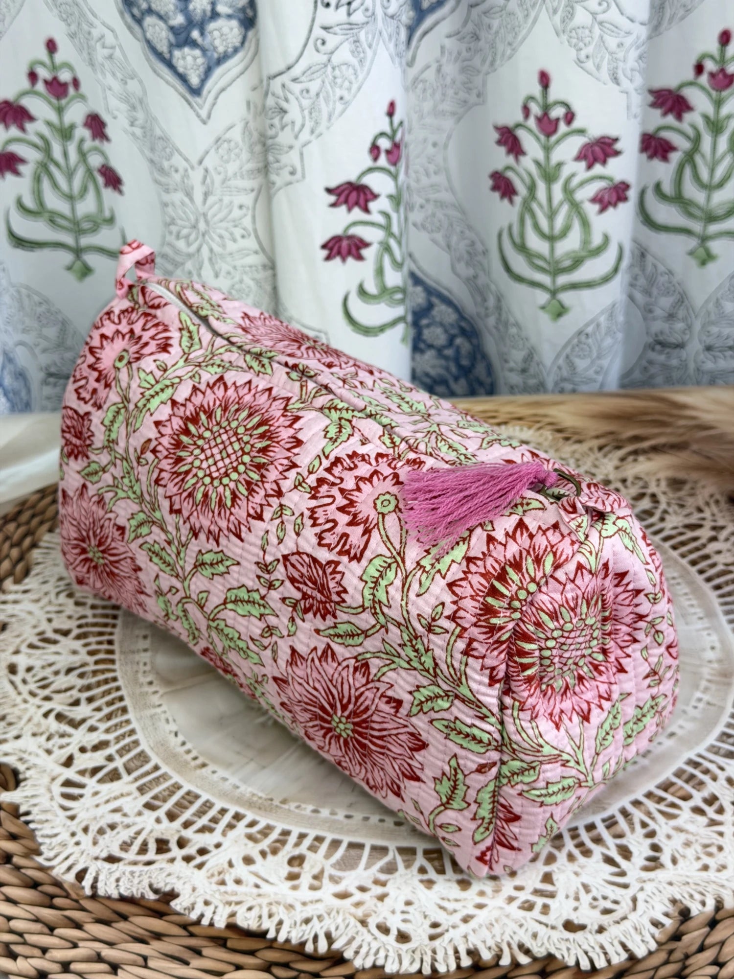 Jaipur Block Print Cotton Quilted Medicine Pouch in peach and pink floral print, 10 × 6 inch zip pouch for medicines and first aid essentials front view