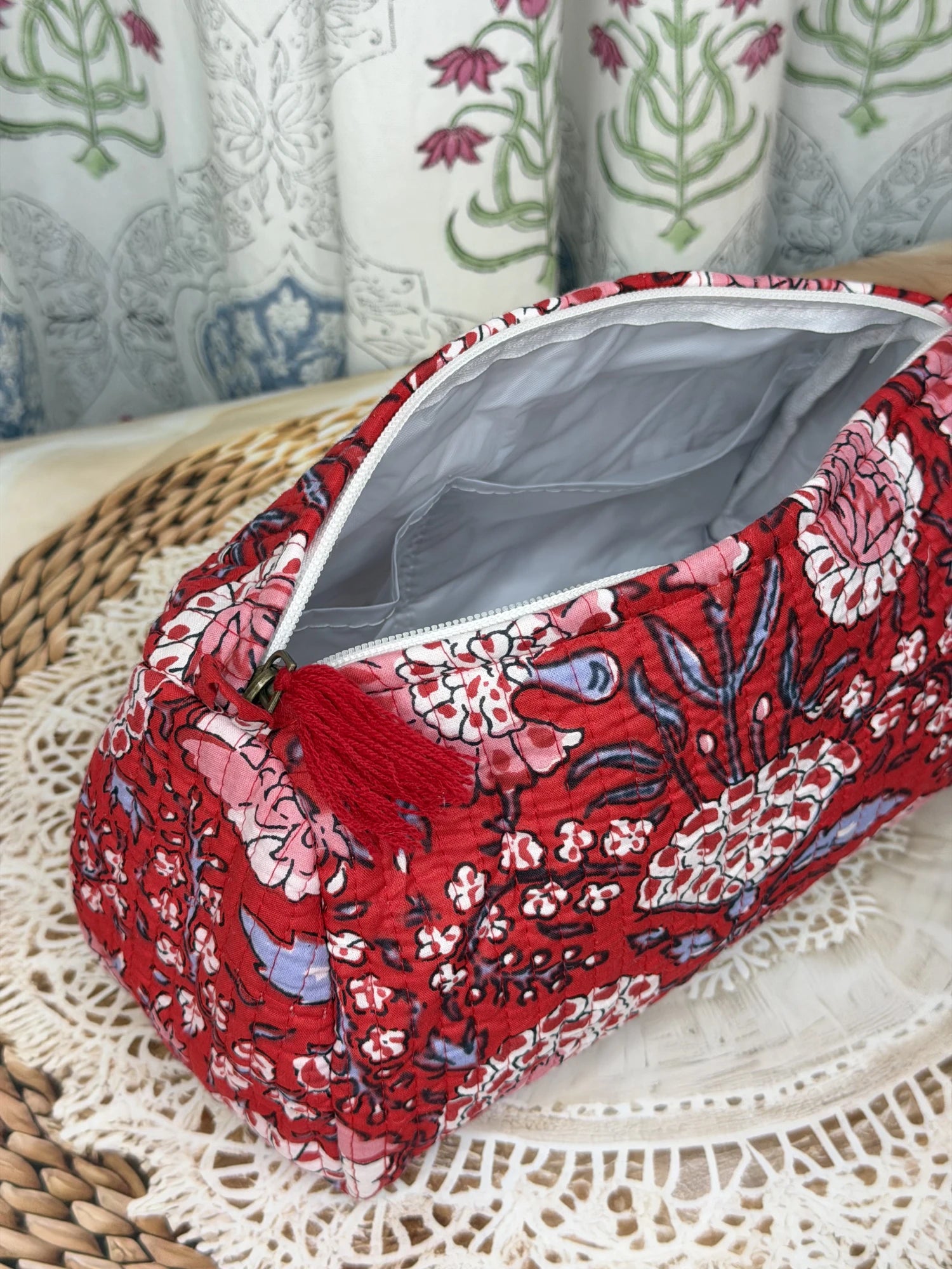 Jaipur Block Print Cotton Quilted Organizer Pouch in red floral print, 10 × 6 inch zip pouch for stationery and everyday essentials front view