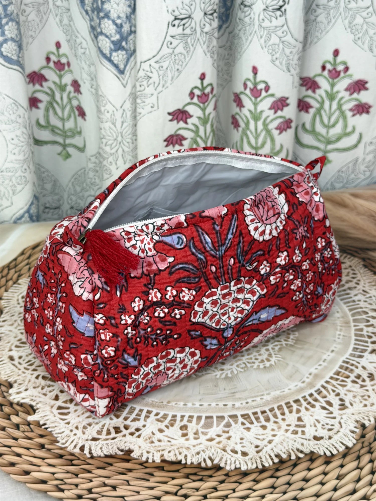 Jaipur Block Print Cotton Quilted Organizer Pouch in red floral print, 10 × 6 inch zip pouch for stationery and everyday essentials side view