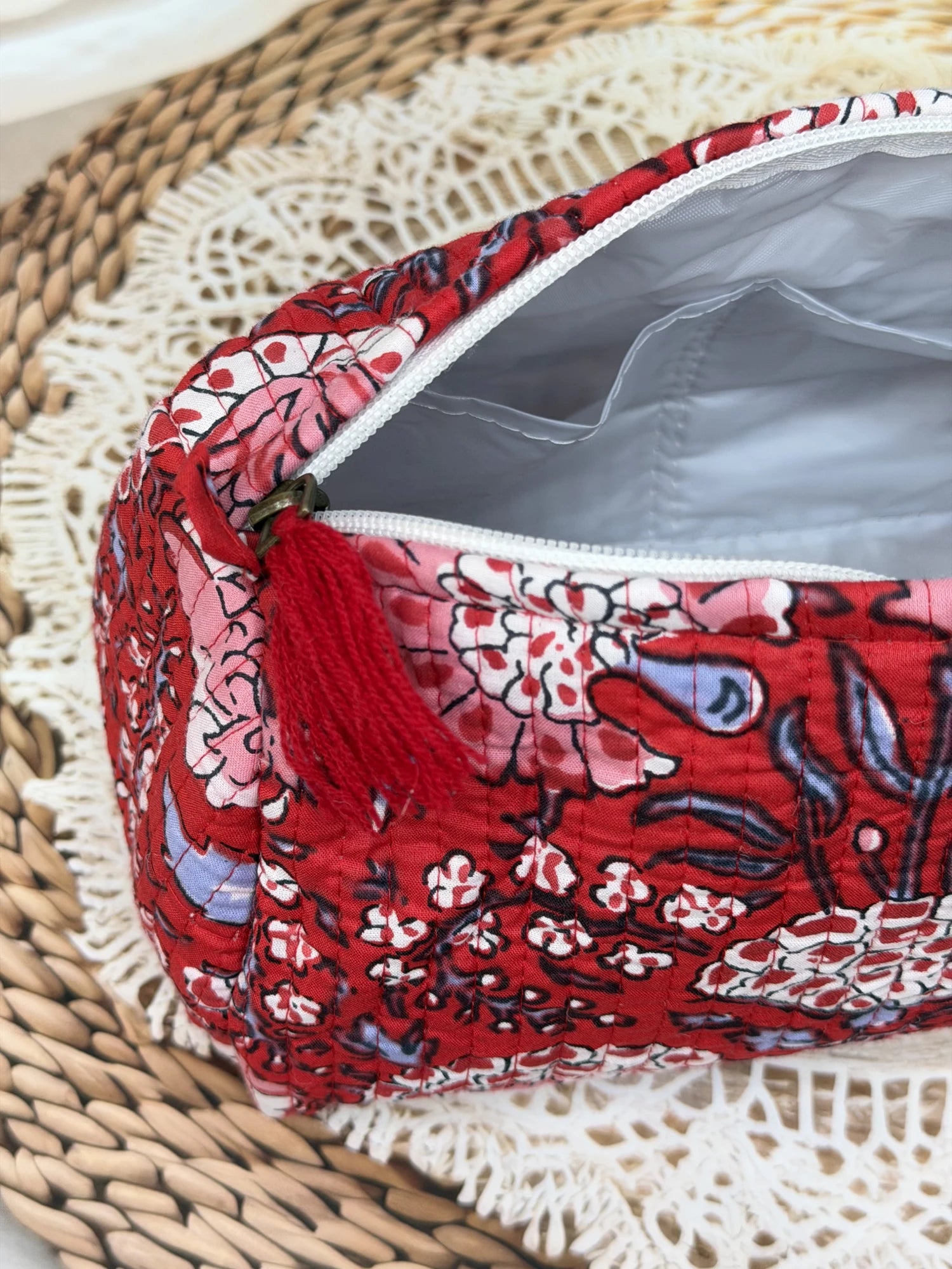 Jaipur Block Print Cotton Quilted Organizer Pouch in red floral print, 10 × 6 inch zip pouch for stationery and everyday essentials back view