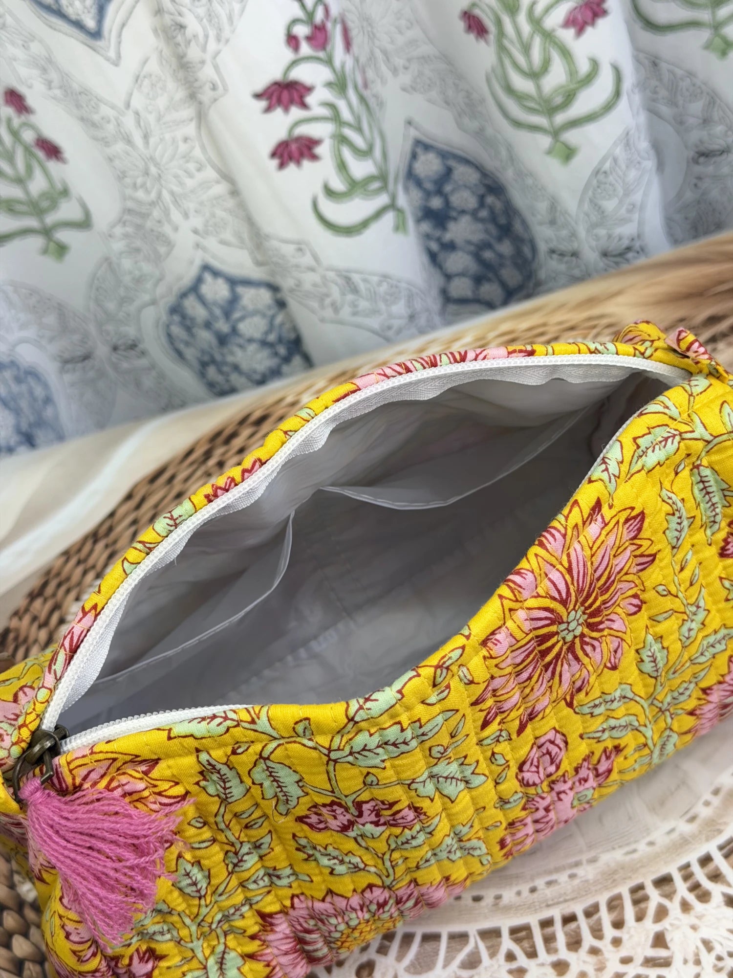 Jaipur Block Print Cotton Quilted Multipurpose Pouch in yellow floral print, 10 × 6 inch zip pouch for travel and daily essentials front view