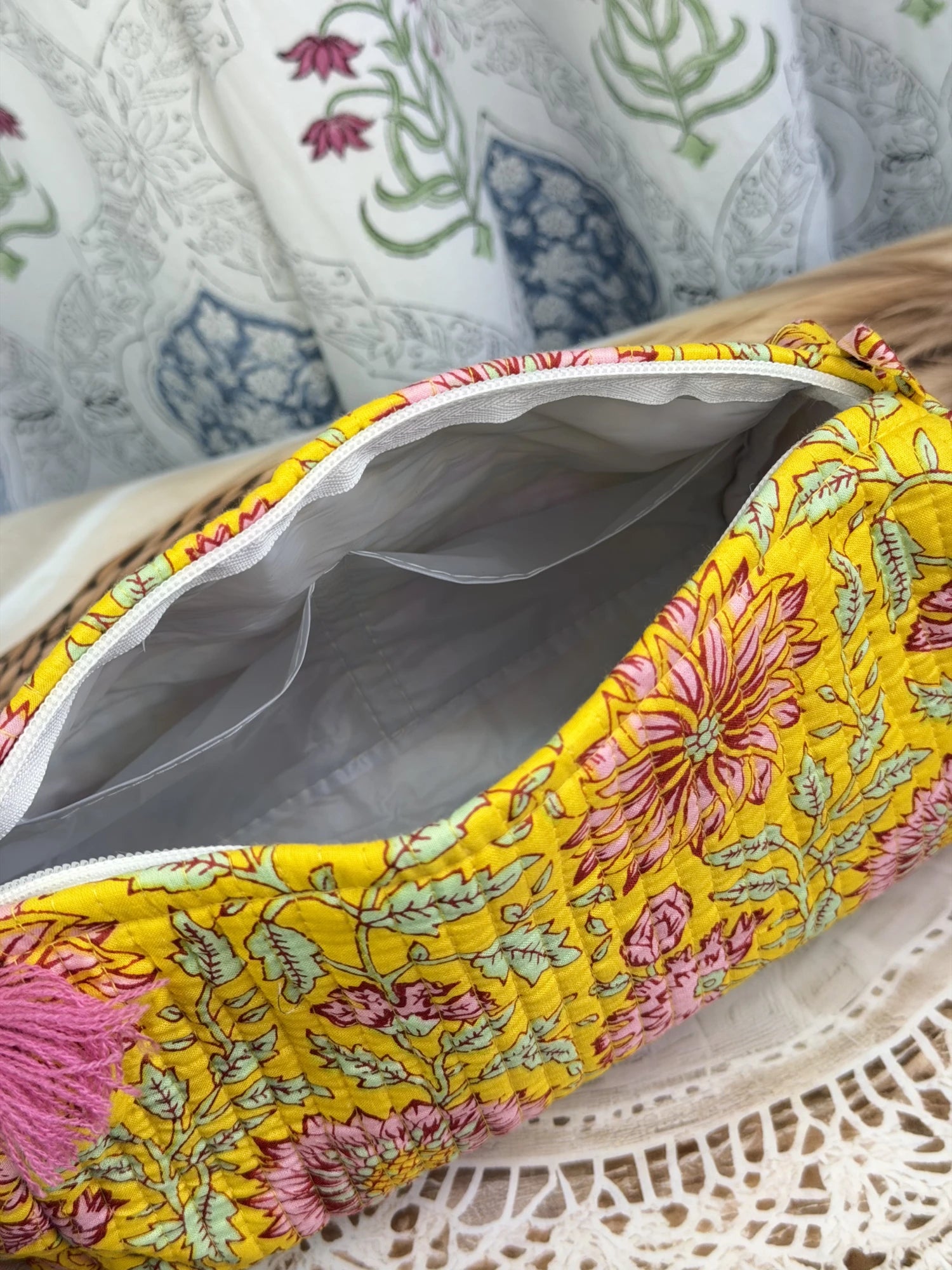 Jaipur Block Print Cotton Quilted Multipurpose Pouch in yellow floral print, 10 × 6 inch zip pouch for travel and daily essentials side view