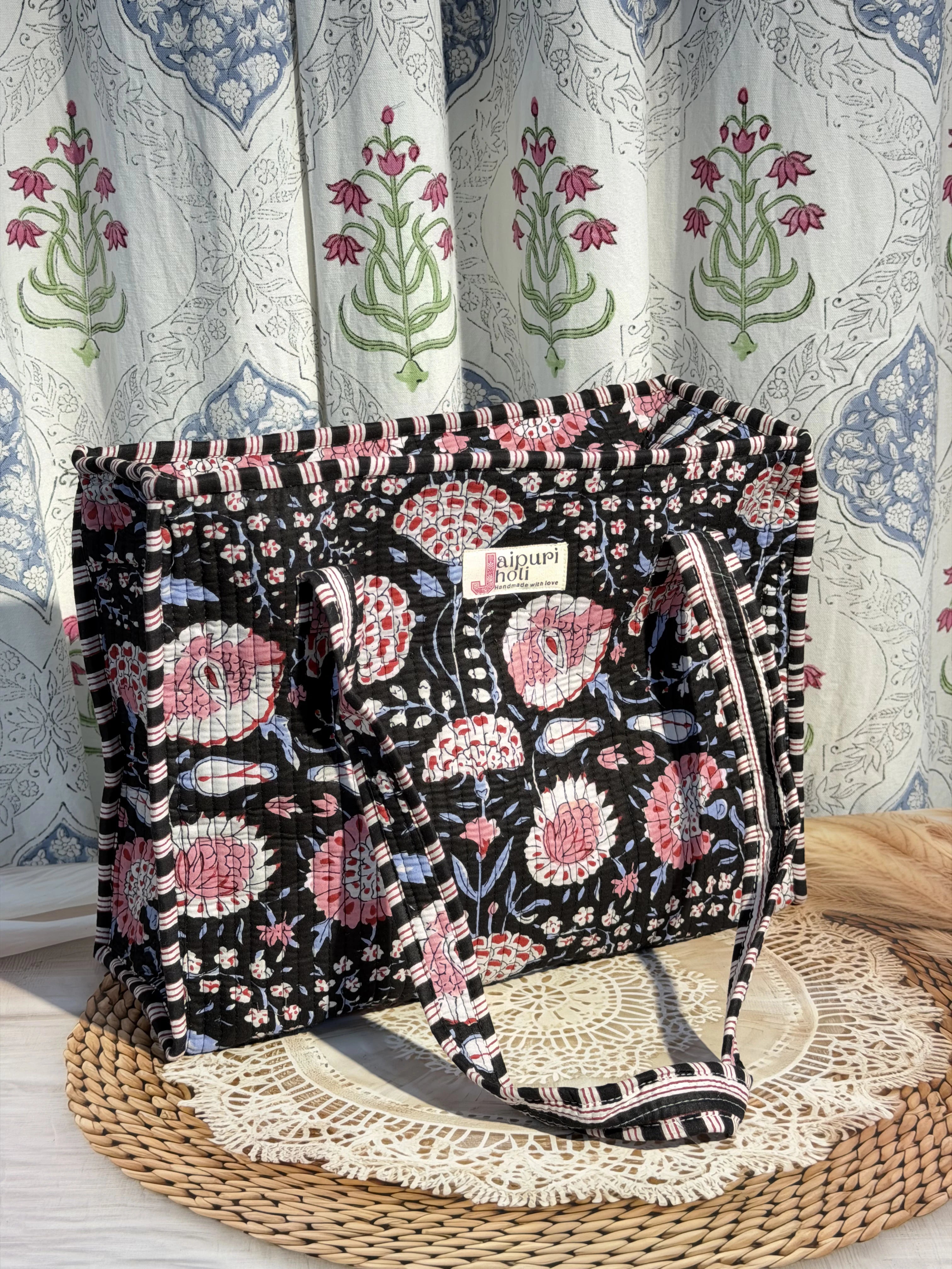 Jaipur Block Print Cotton Quilted zip Tote Bag -  Black Pink Floral  Print Front View