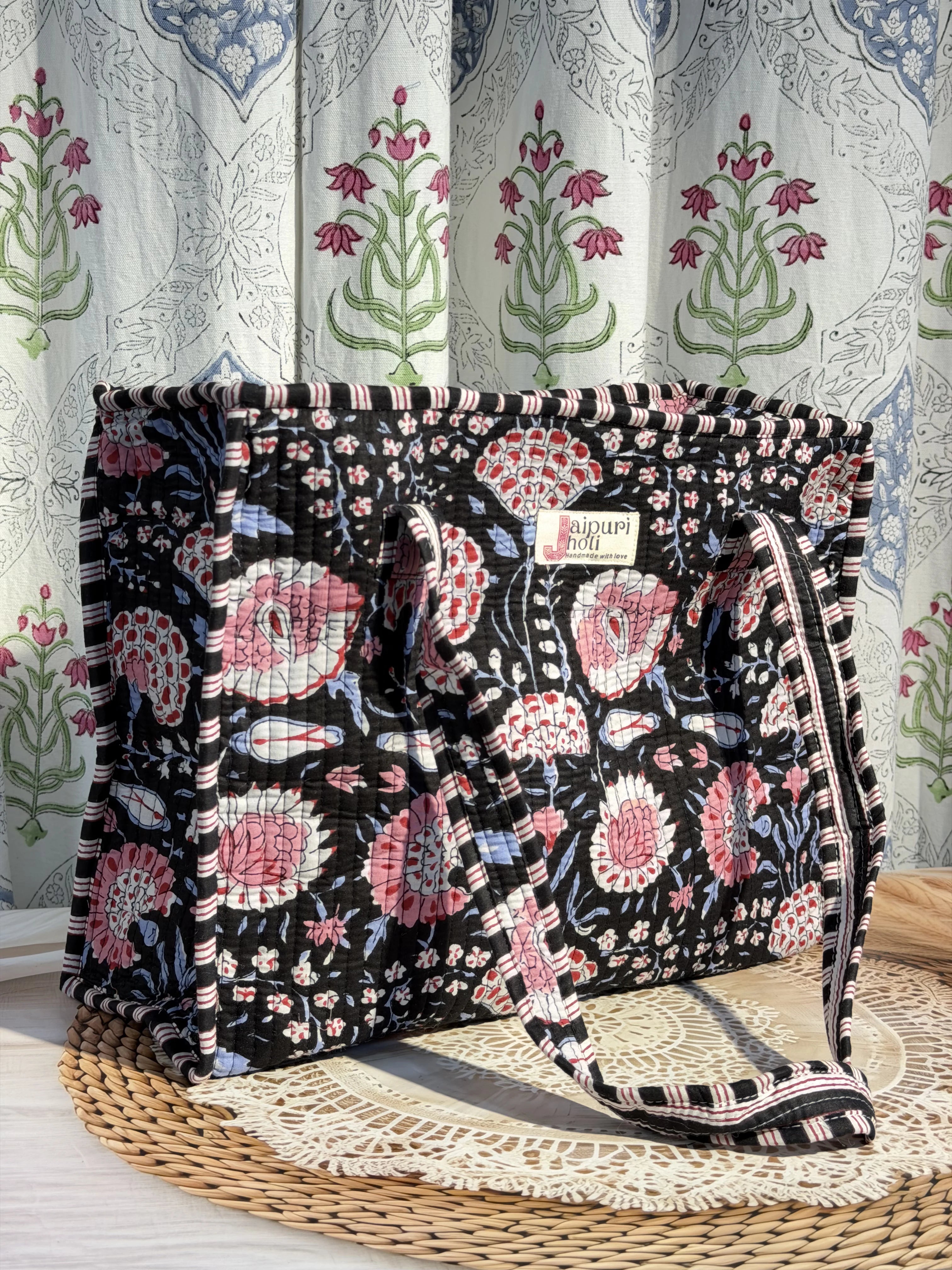 Jaipur Block Print Cotton Quilted zip Tote Bag -  Black Pink Floral  Print Front View