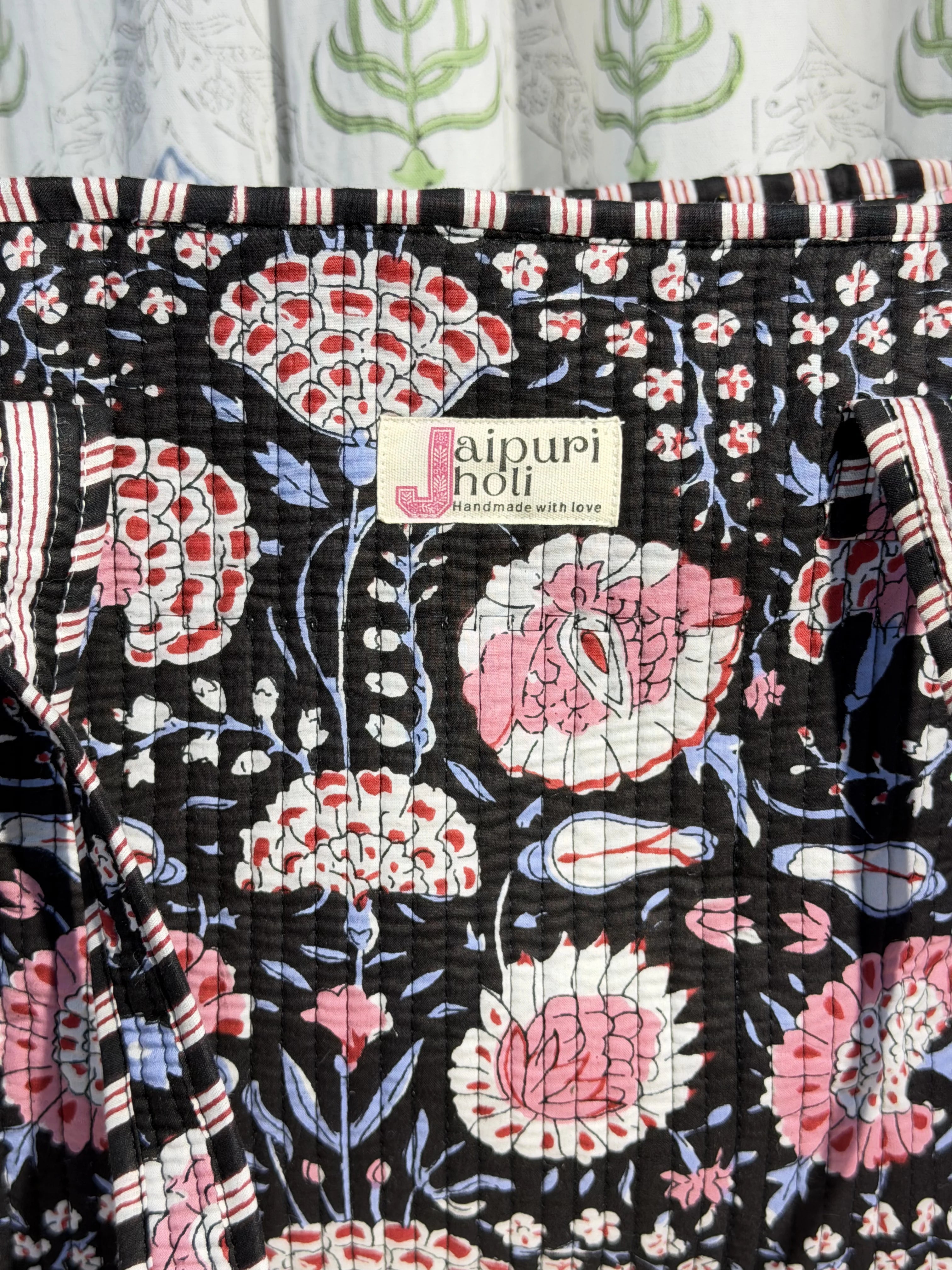 Jaipur Block Print Cotton Quilted zip Tote Bag - Black Pink Floral Print Close-Up View