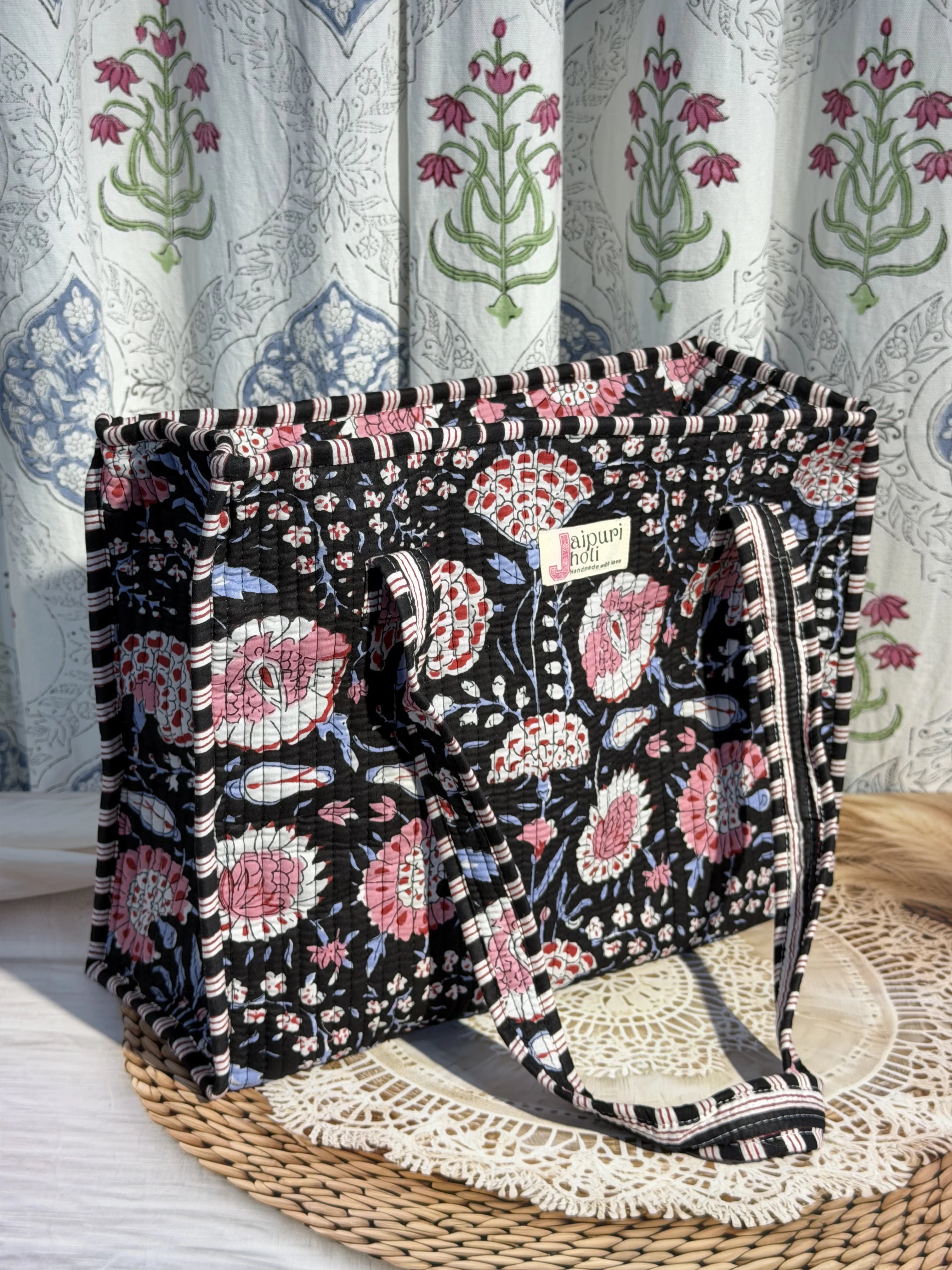 Jaipur Block Print Cotton Quilted zip Tote Bag -  Black Pink Floral Print Side View
