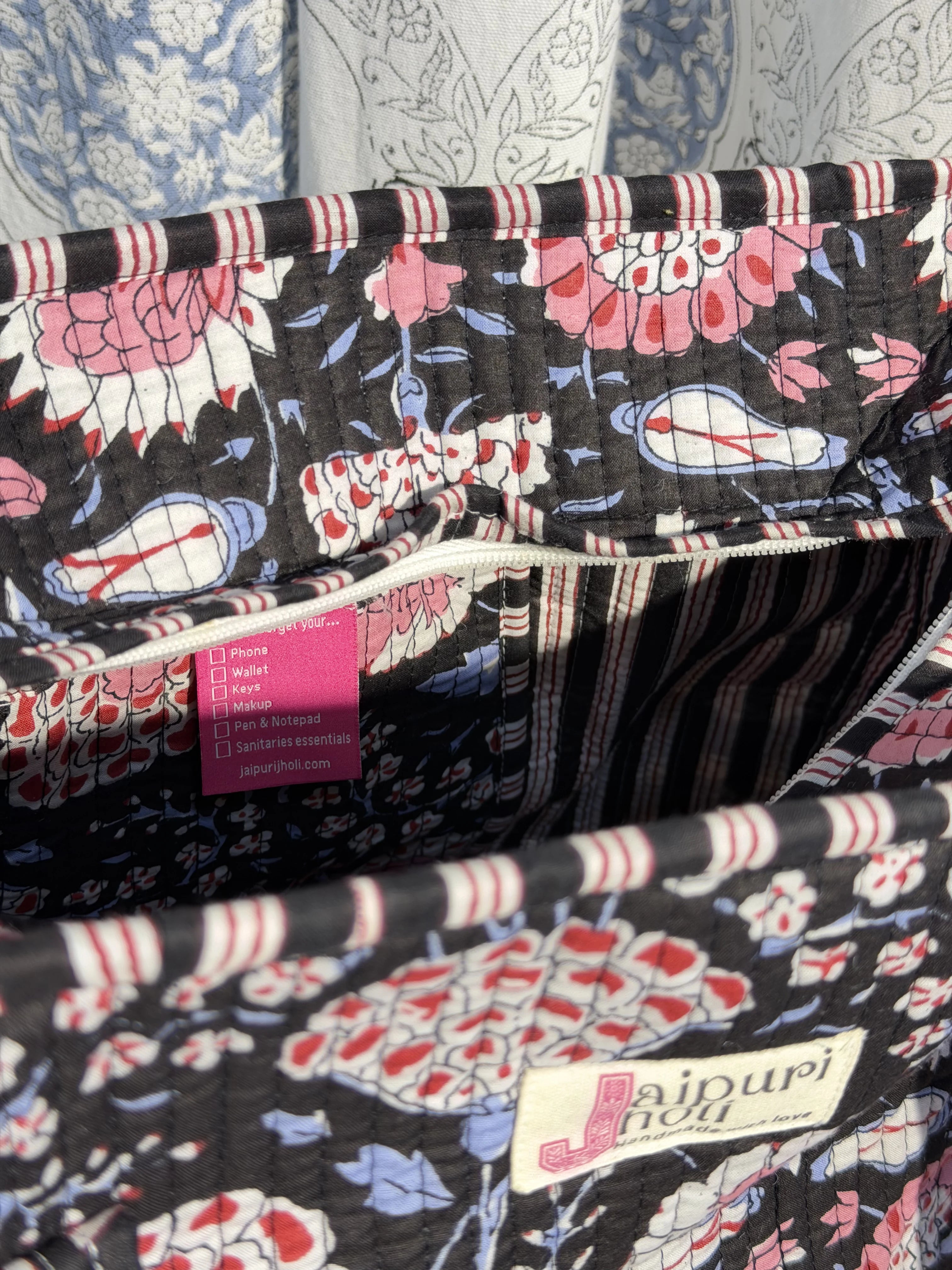 Jaipur Block Print Cotton Quilted zip Tote Bag -  Black Pink Floral Print Interior View