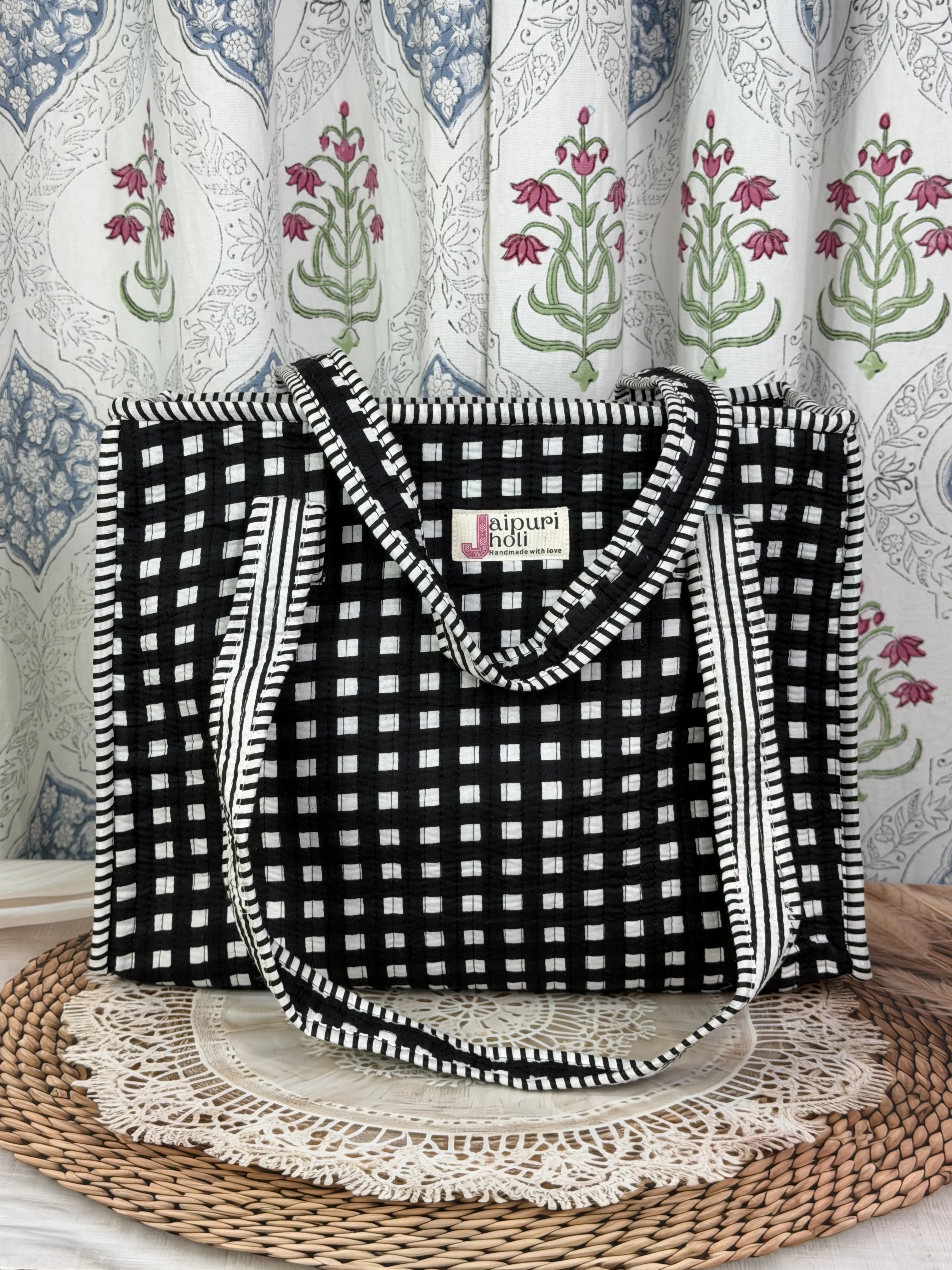 Jaipur Block Print Cotton Quilted zip Tote Bag - Black and White Check Geometric Print Front View