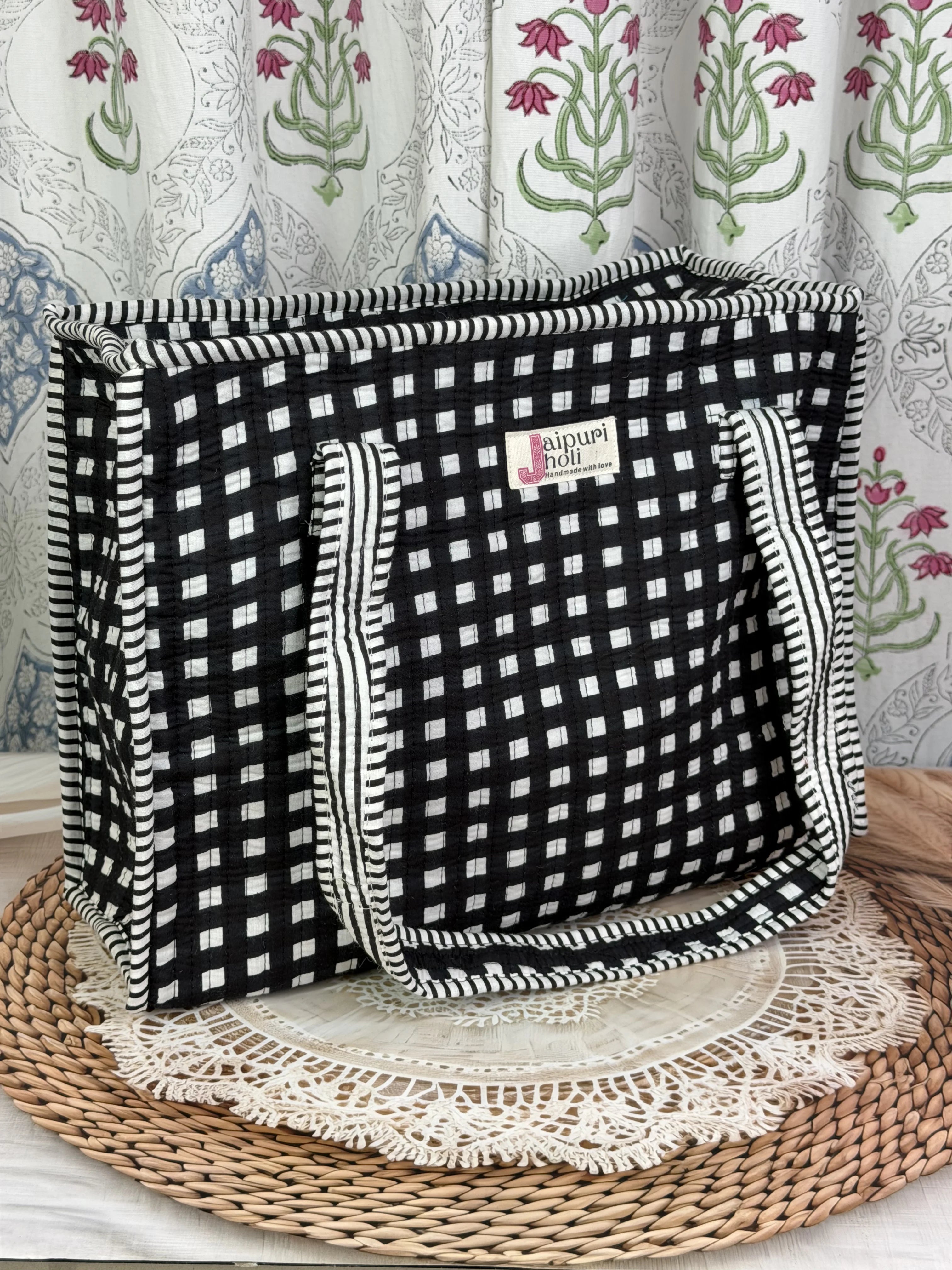 Jaipur Block Print Cotton Quilted zip Tote Bag - Black and White CheckGeometric Print Side View