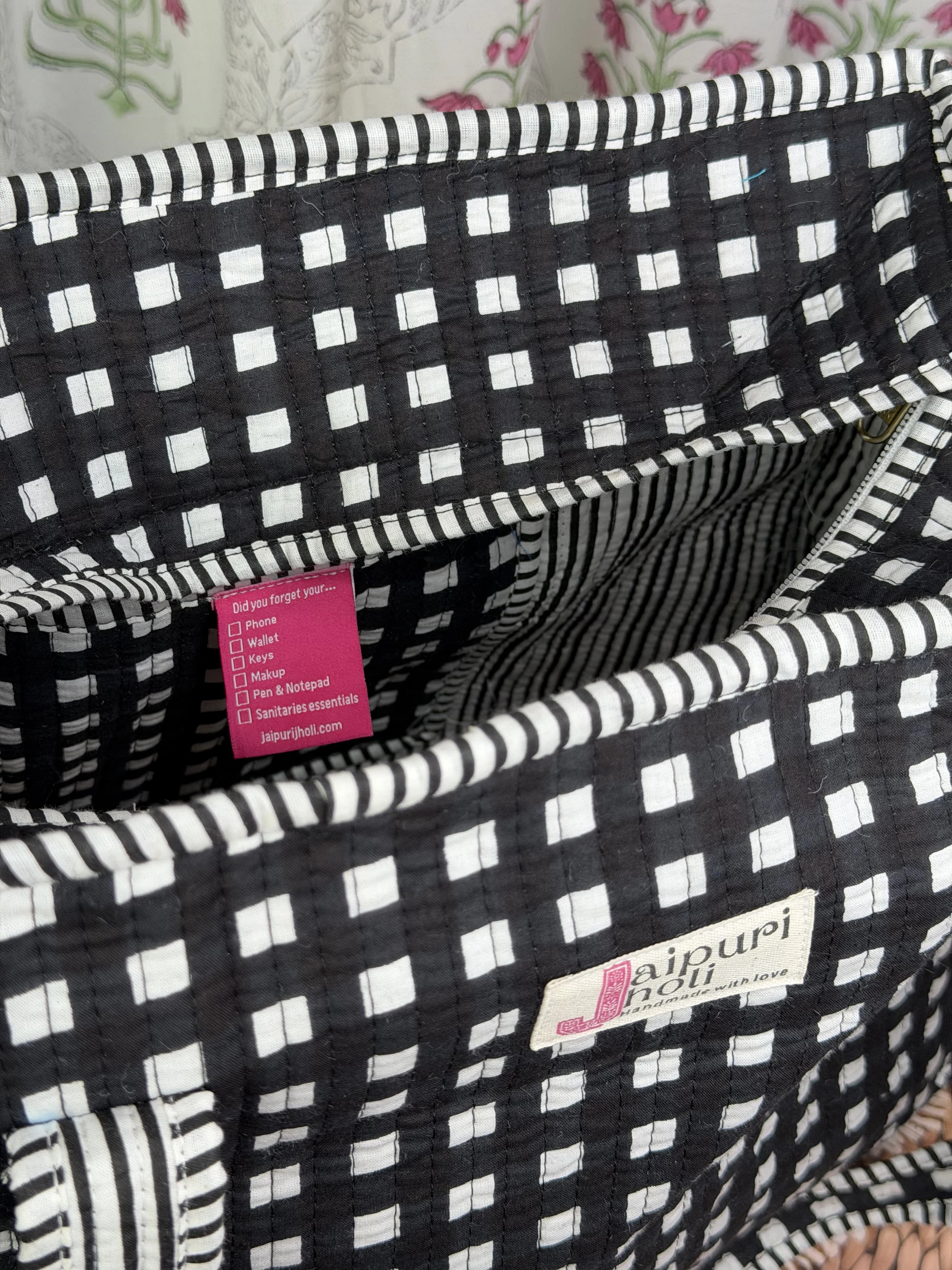 Jaipur Block Print Cotton Quilted zip Tote Bag - Black and White Check Geometric Print Close-Up View