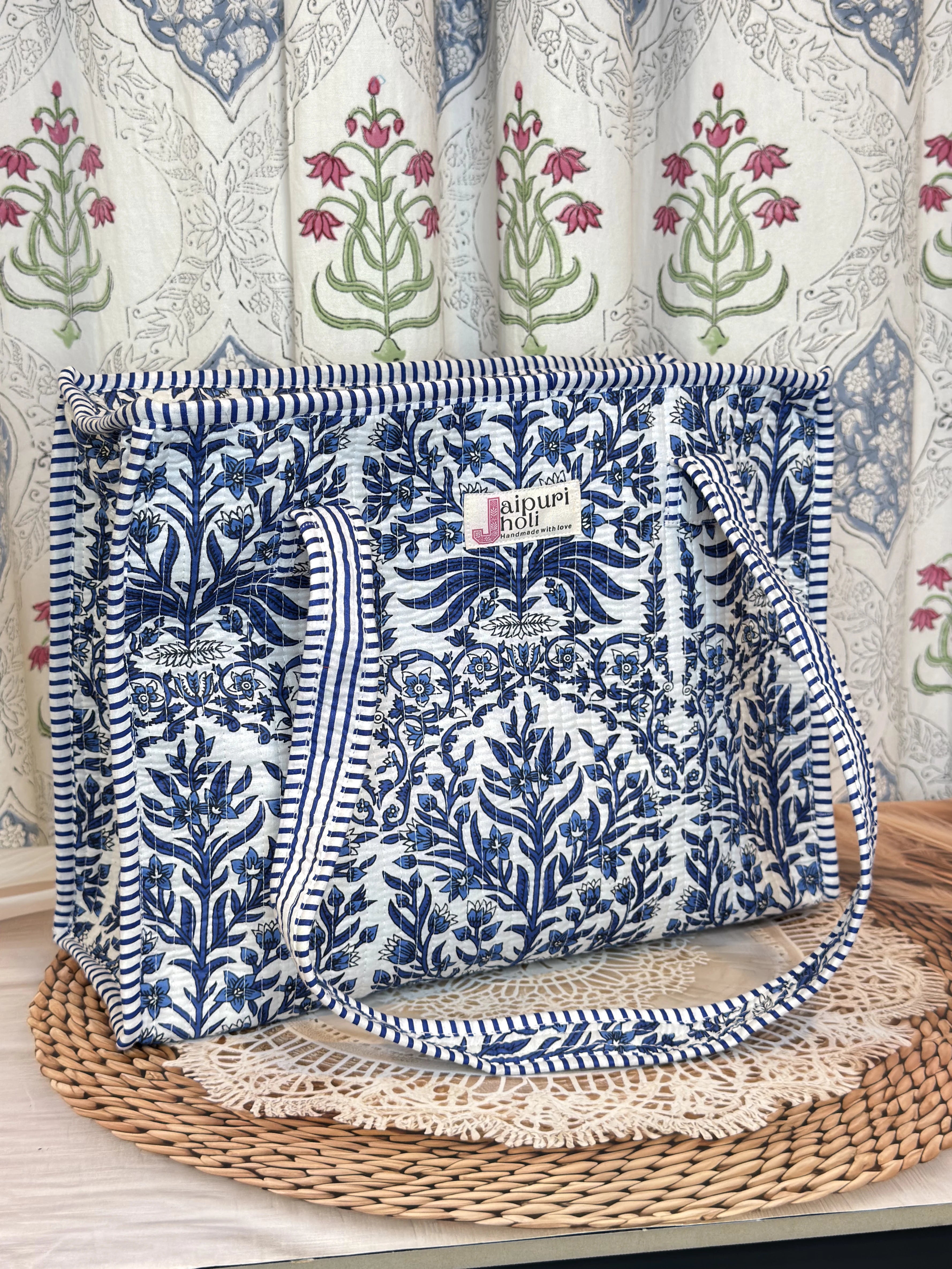 Jaipur Block Print Cotton Quilted zip Tote Bag -  Blue Floral Leaves Print Front View