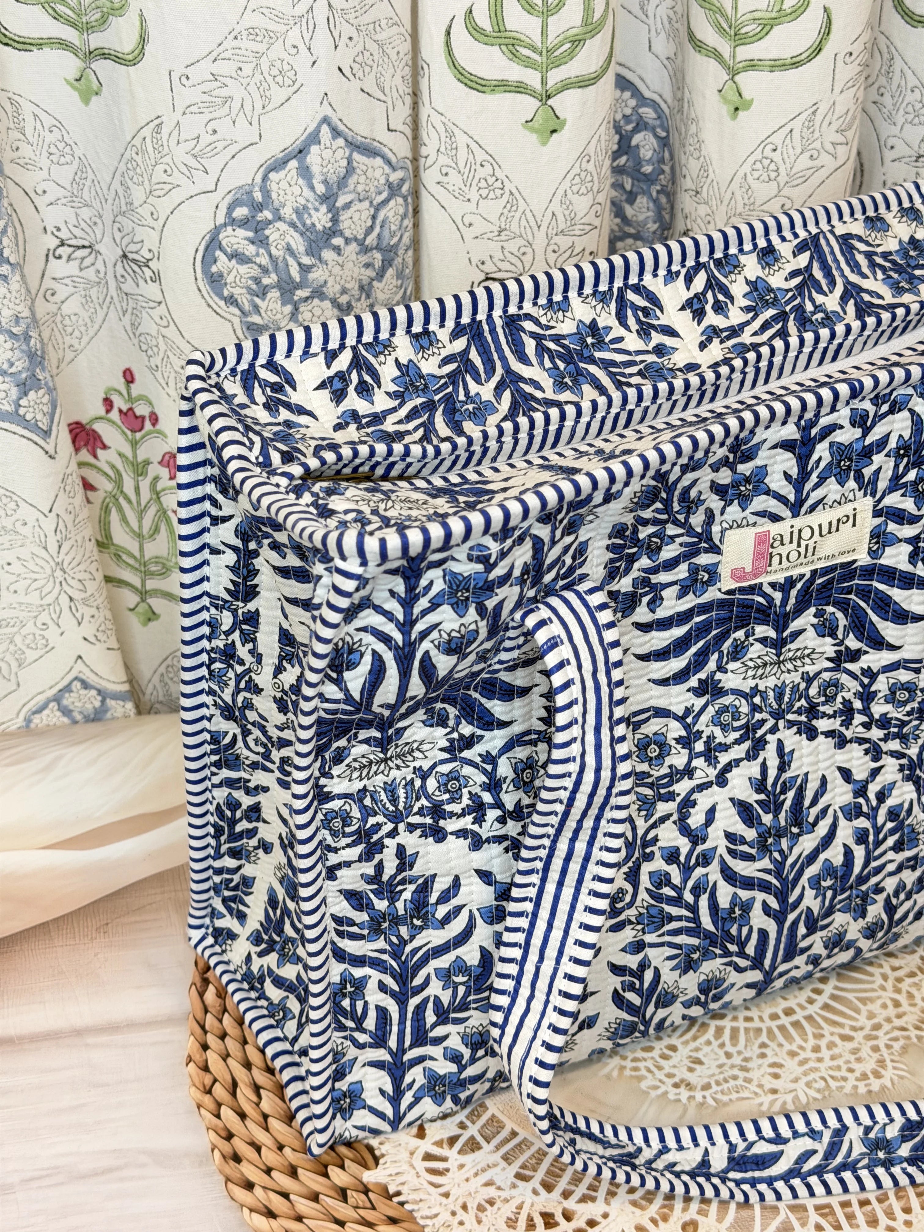 Jaipur Block Print Cotton Quilted zip Tote Bag -  Blue Floral Leaves Print Side View