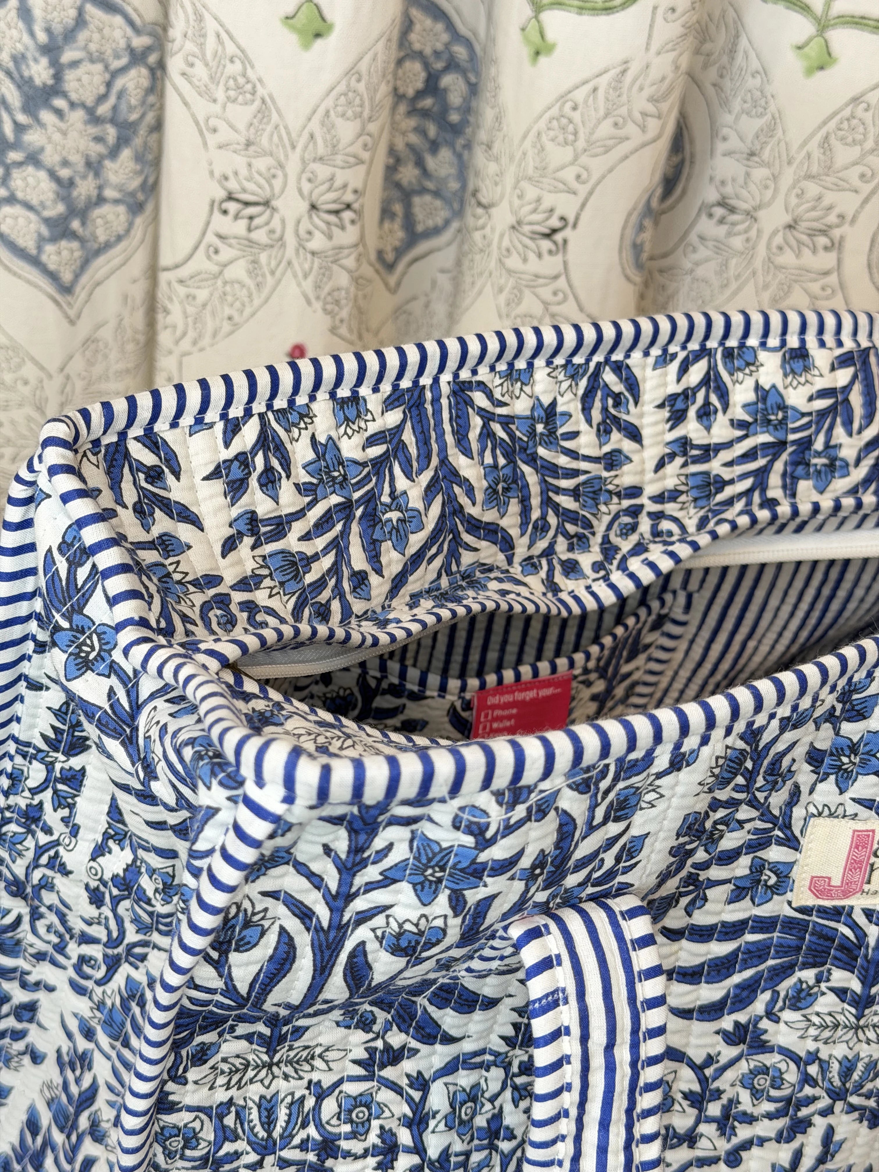 Jaipur Block Print Cotton Quilted zip Tote Bag -  Blue Floral Leaves Print Interior View