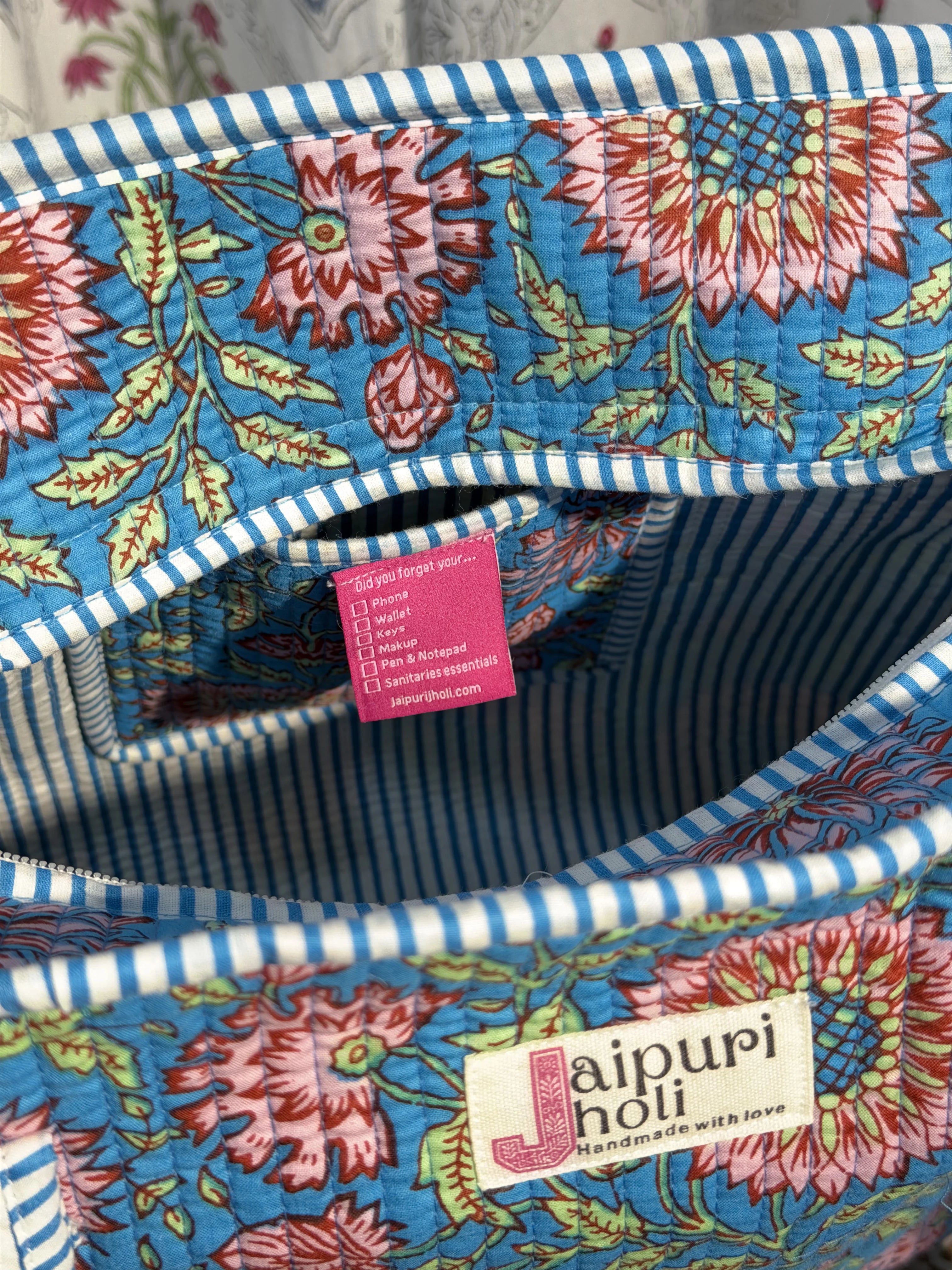 Jaipur Block Print Cotton Quilted Zip Tote Bags - Blue Floral