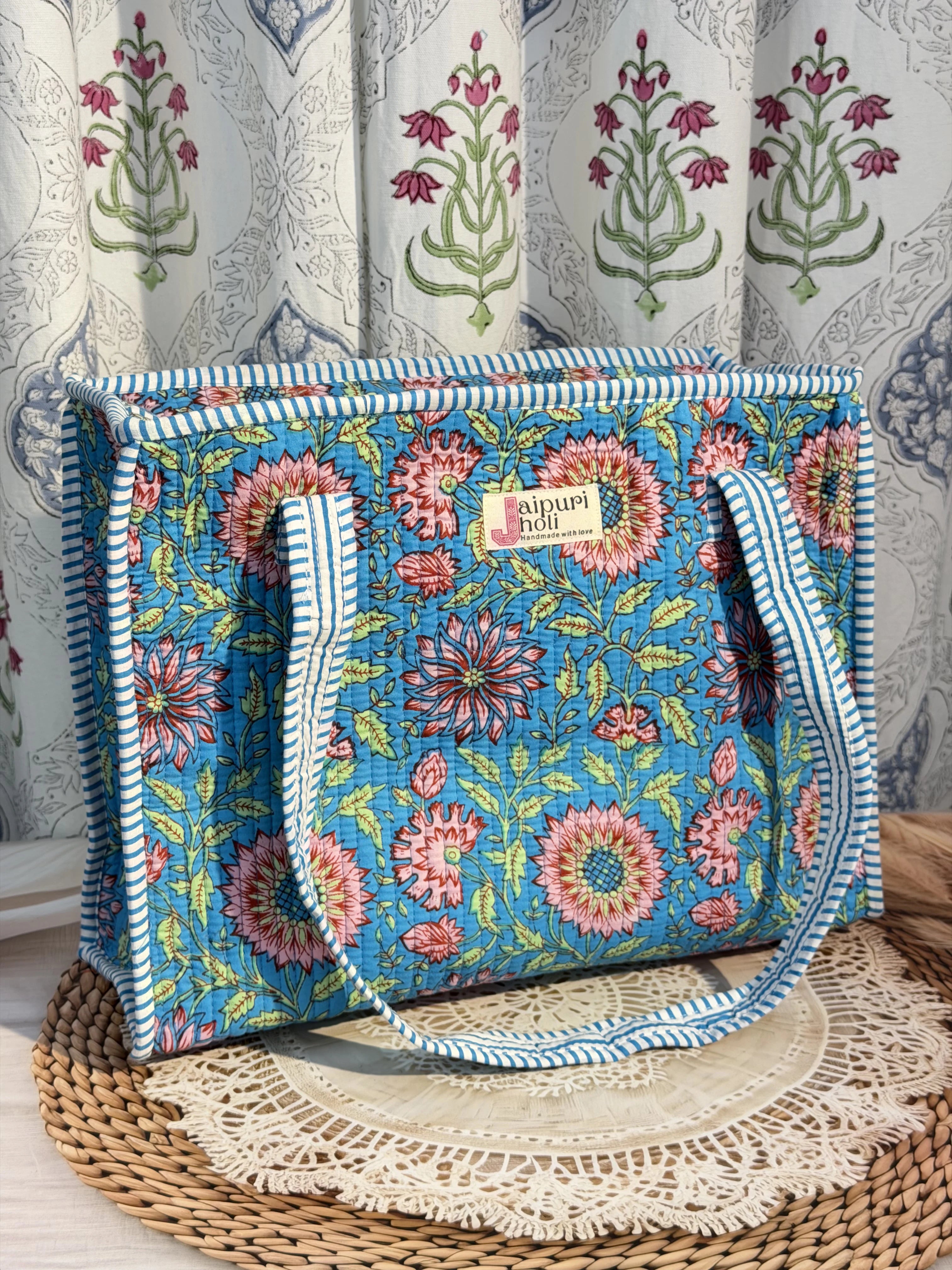 Jaipur Block Print Cotton Quilted zip Tote Bag -  Blue Floral  Print Front View