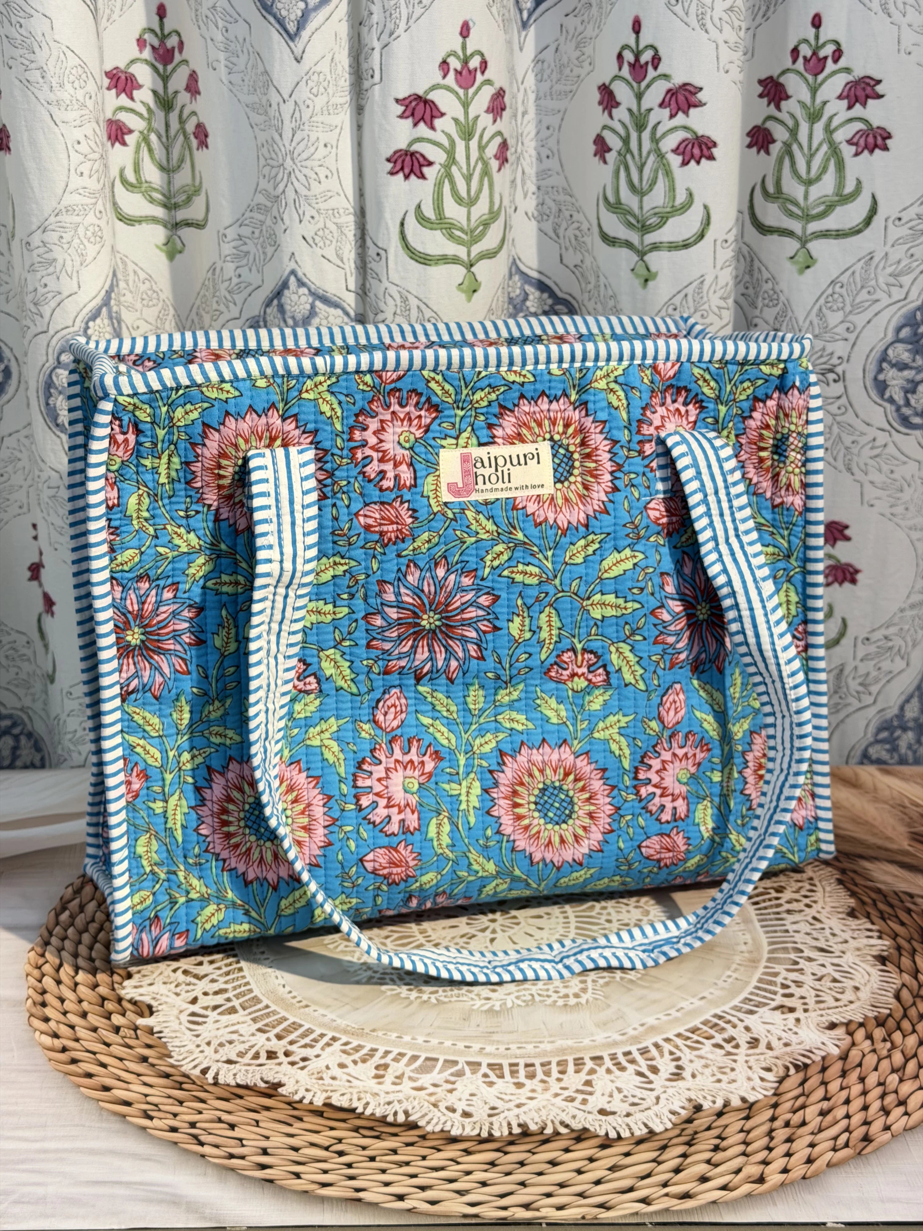 Jaipur Block Print Cotton Quilted zip Tote Bag -  Blue Floral  Print Front View