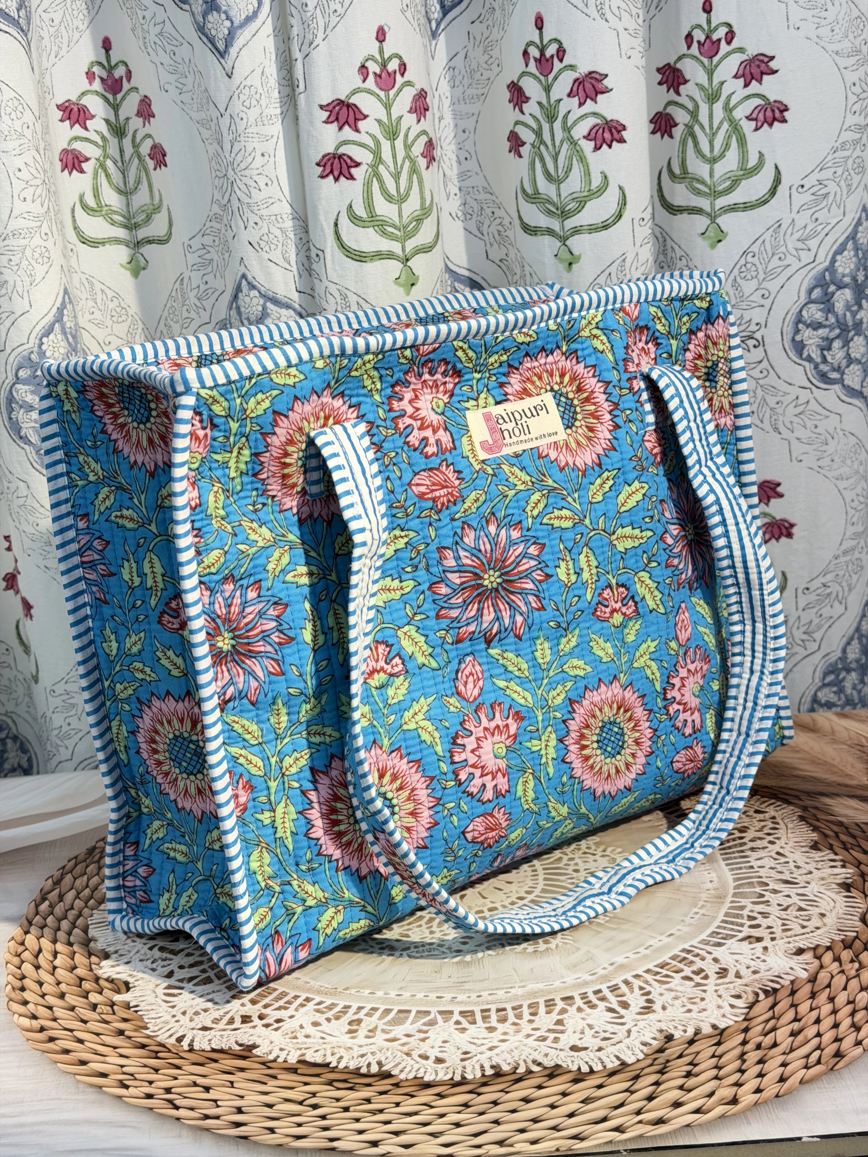 Jaipur Block Print Cotton Quilted zip Tote Bag -  Blue Floral Print Side View