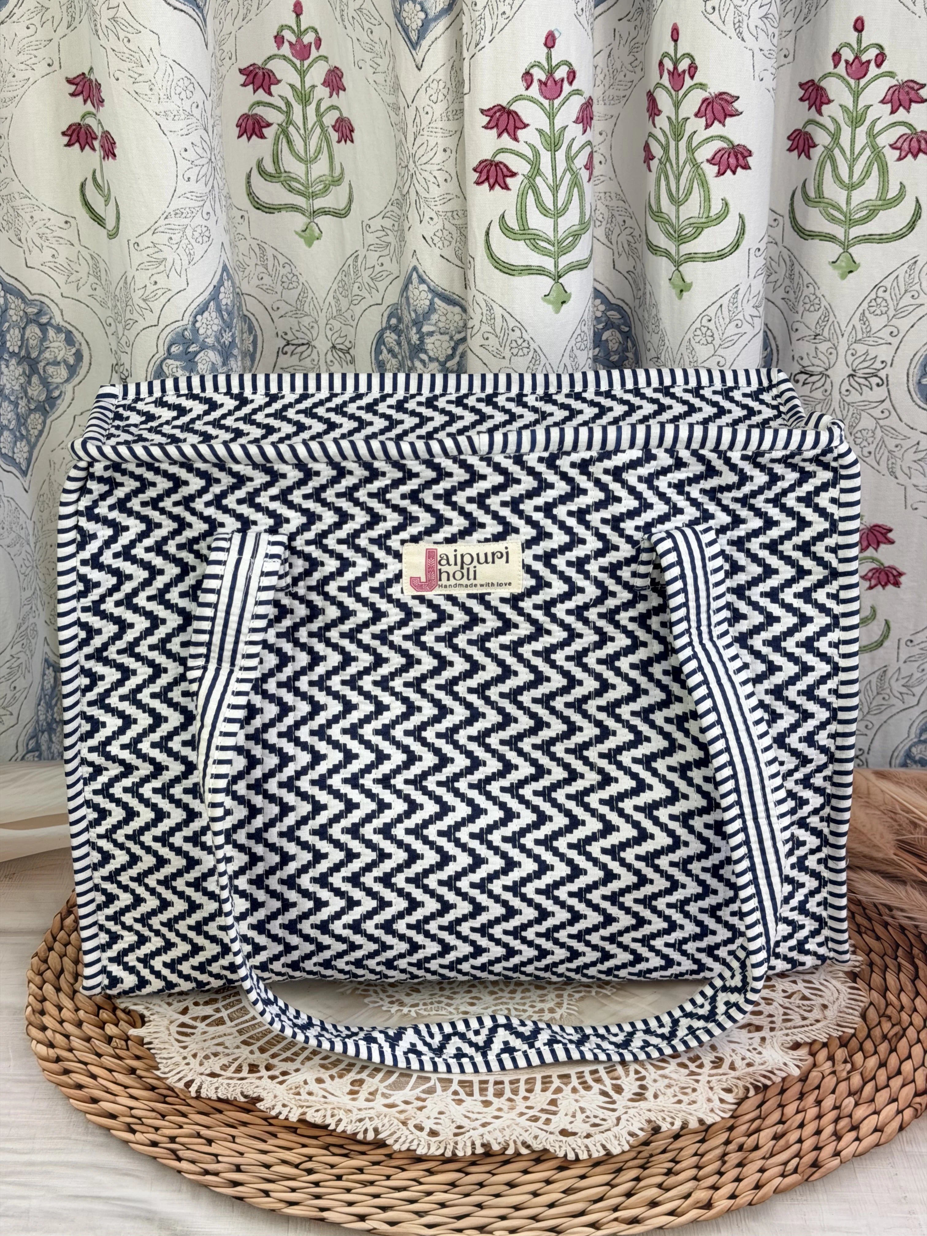 Jaipur Block Print Cotton Quilted zip Tote Bag - Blue and White Zigzag Geometric Print Front View