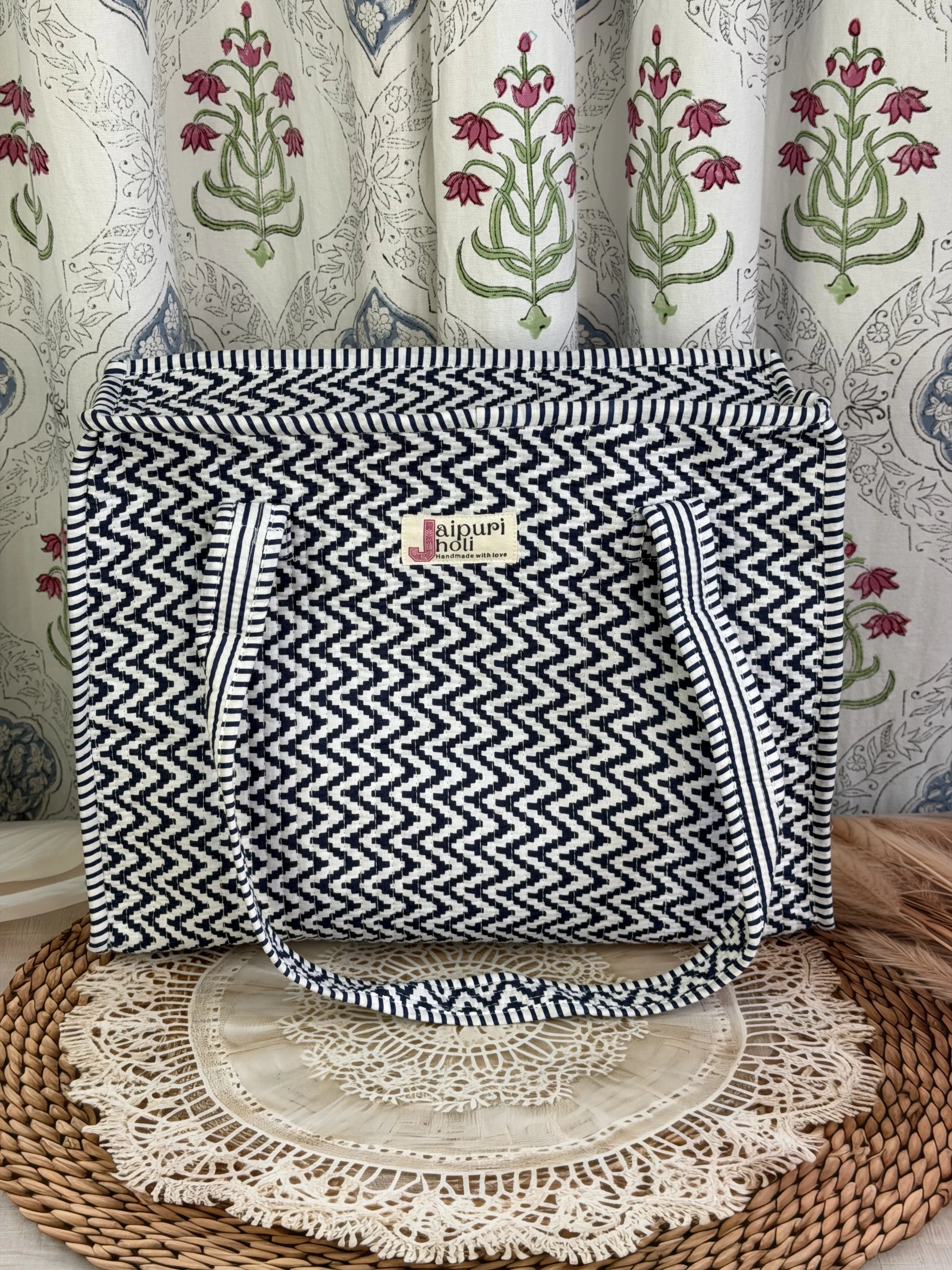 Jaipur Block Print Cotton Quilted zip Tote Bag - Blue and White Zigzag Geometric Print Front View