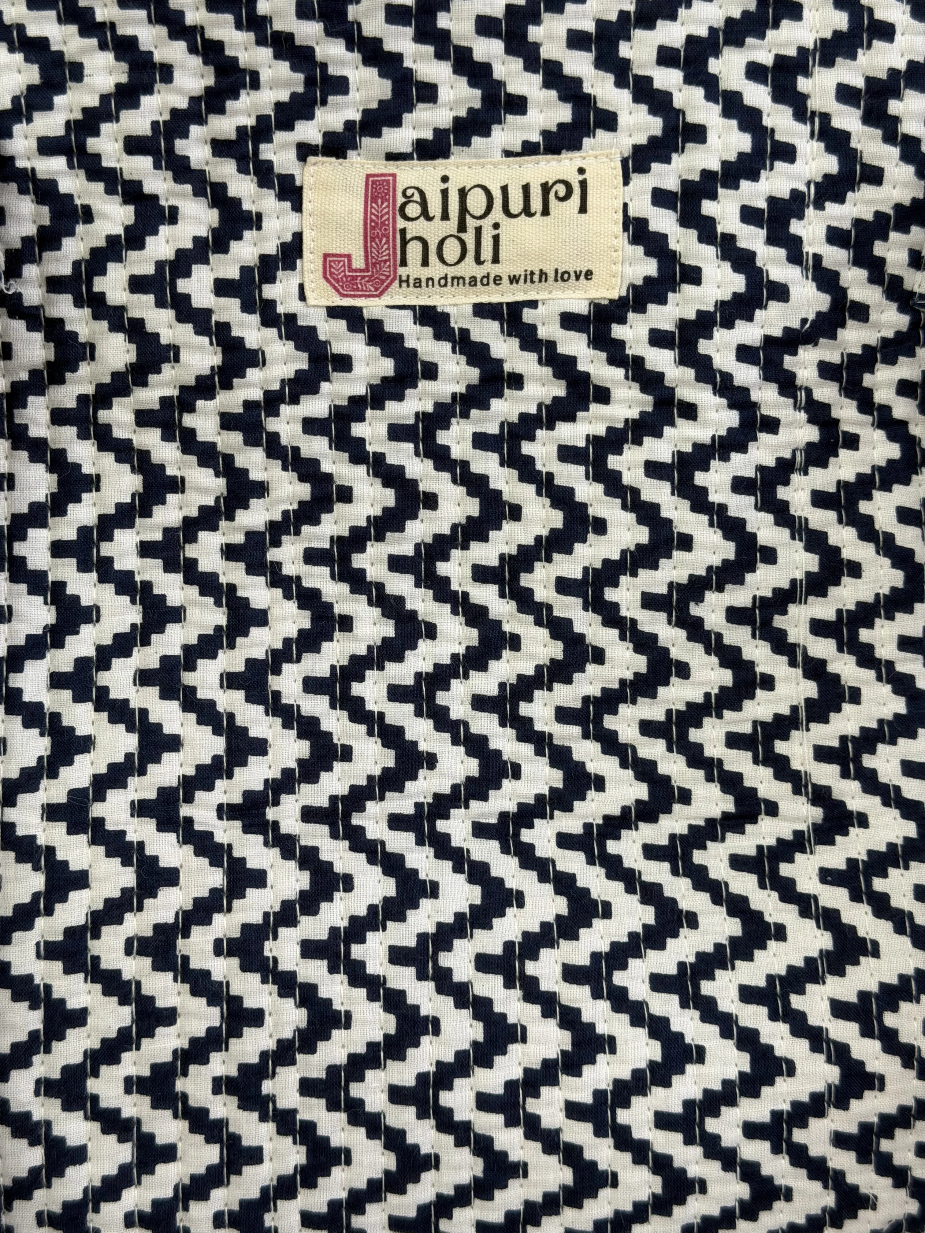 Jaipur Block Print Cotton Quilted zip Tote Bag - Blue and White Zigzag Geometric Print Close-Up View