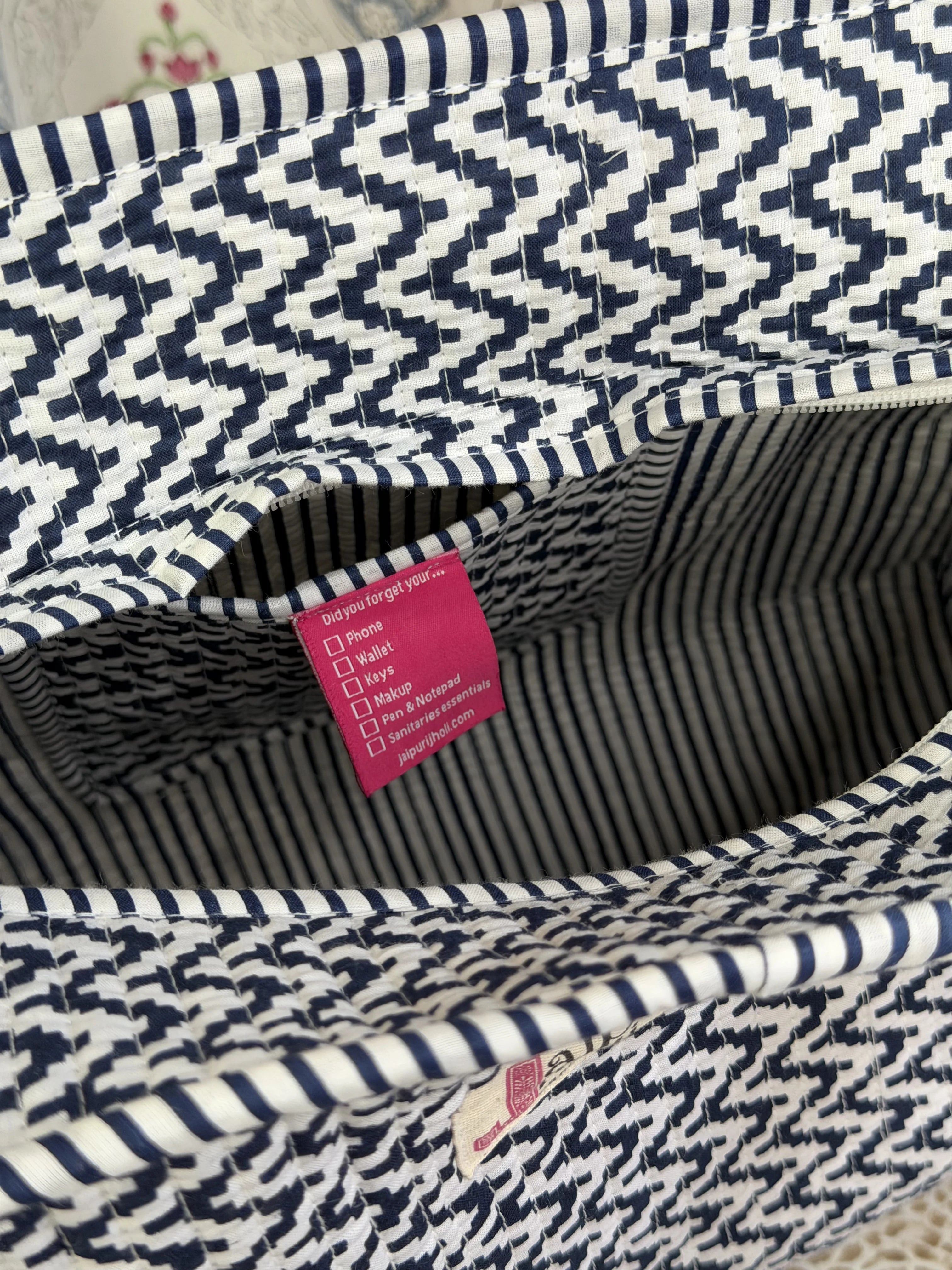 Jaipur Block Print Cotton Quilted zip Tote Bag - Blue and White Zigzag Geometric Print Interior View