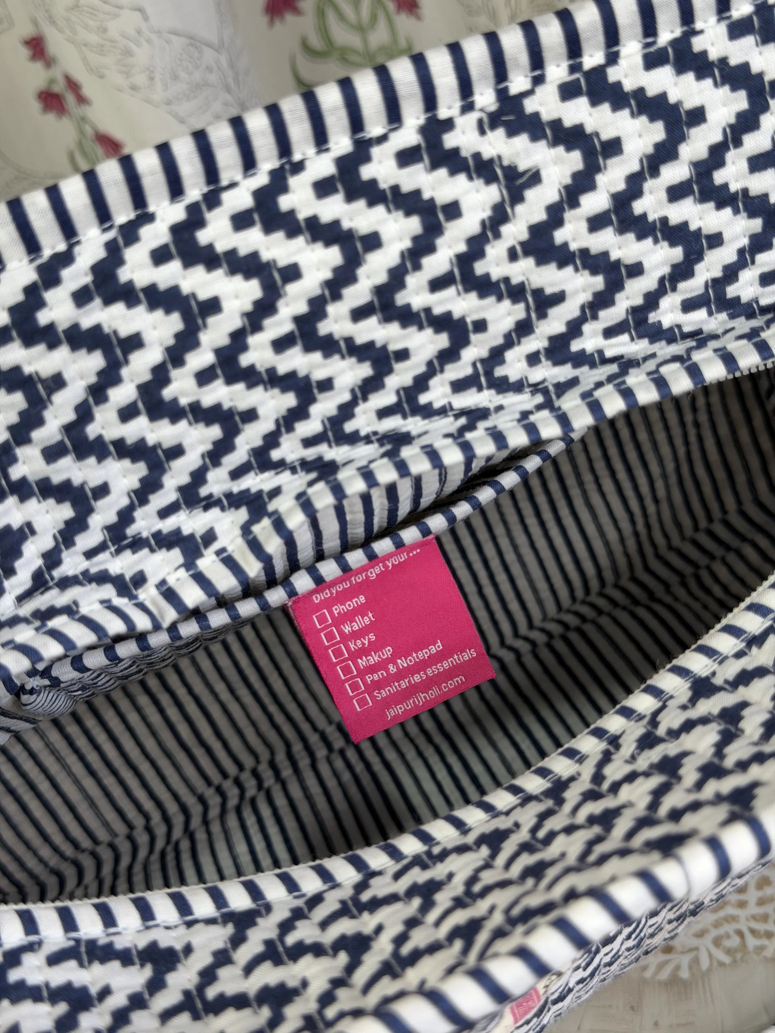 Jaipur Block Print Cotton Quilted zip Tote Bag - Blue and White Zigzag Geometric Print Interior View