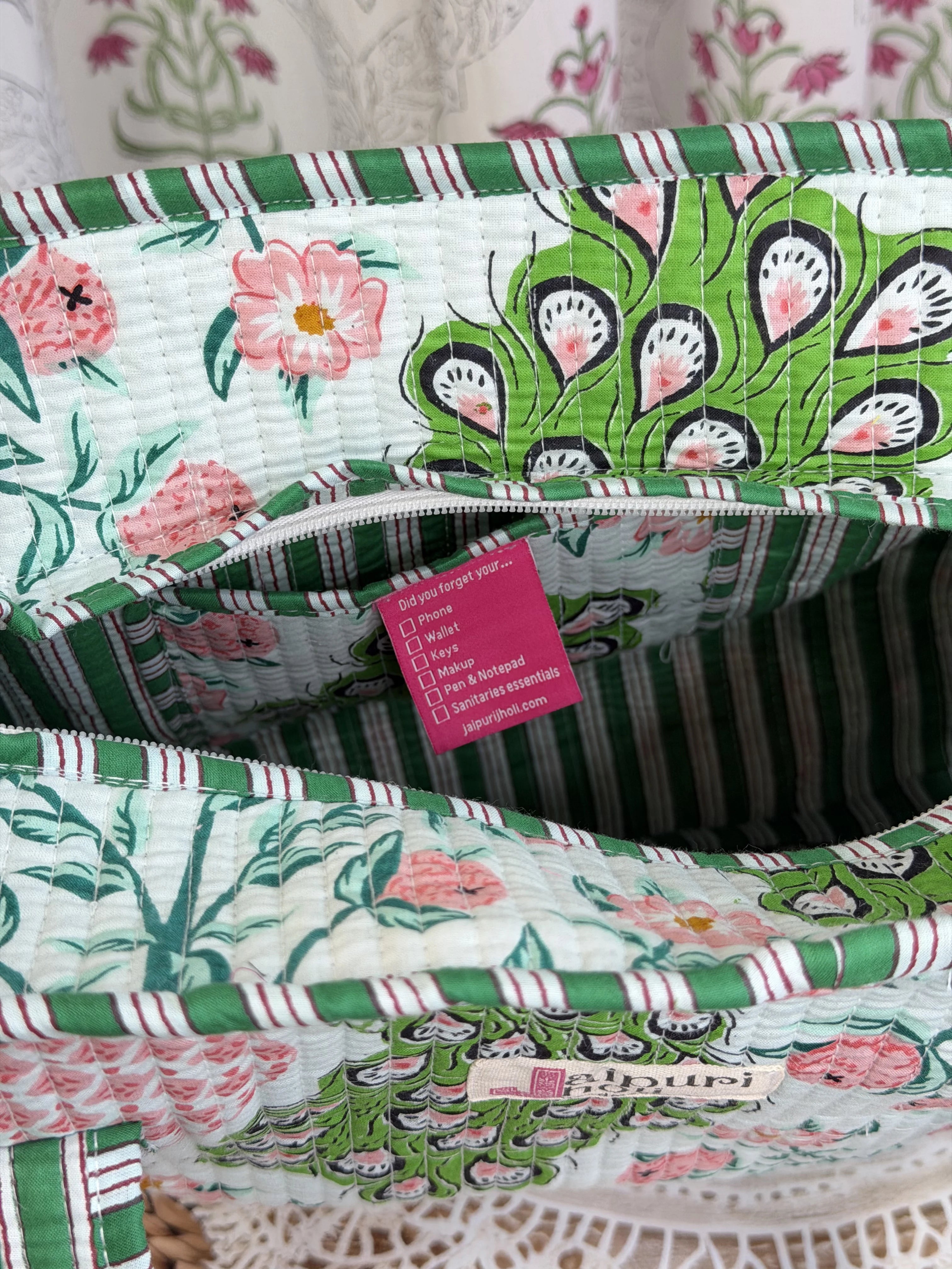 Jaipur Block Print Cotton Quilted zip Tote Bag -  Green Pink Peacock Print Interior View