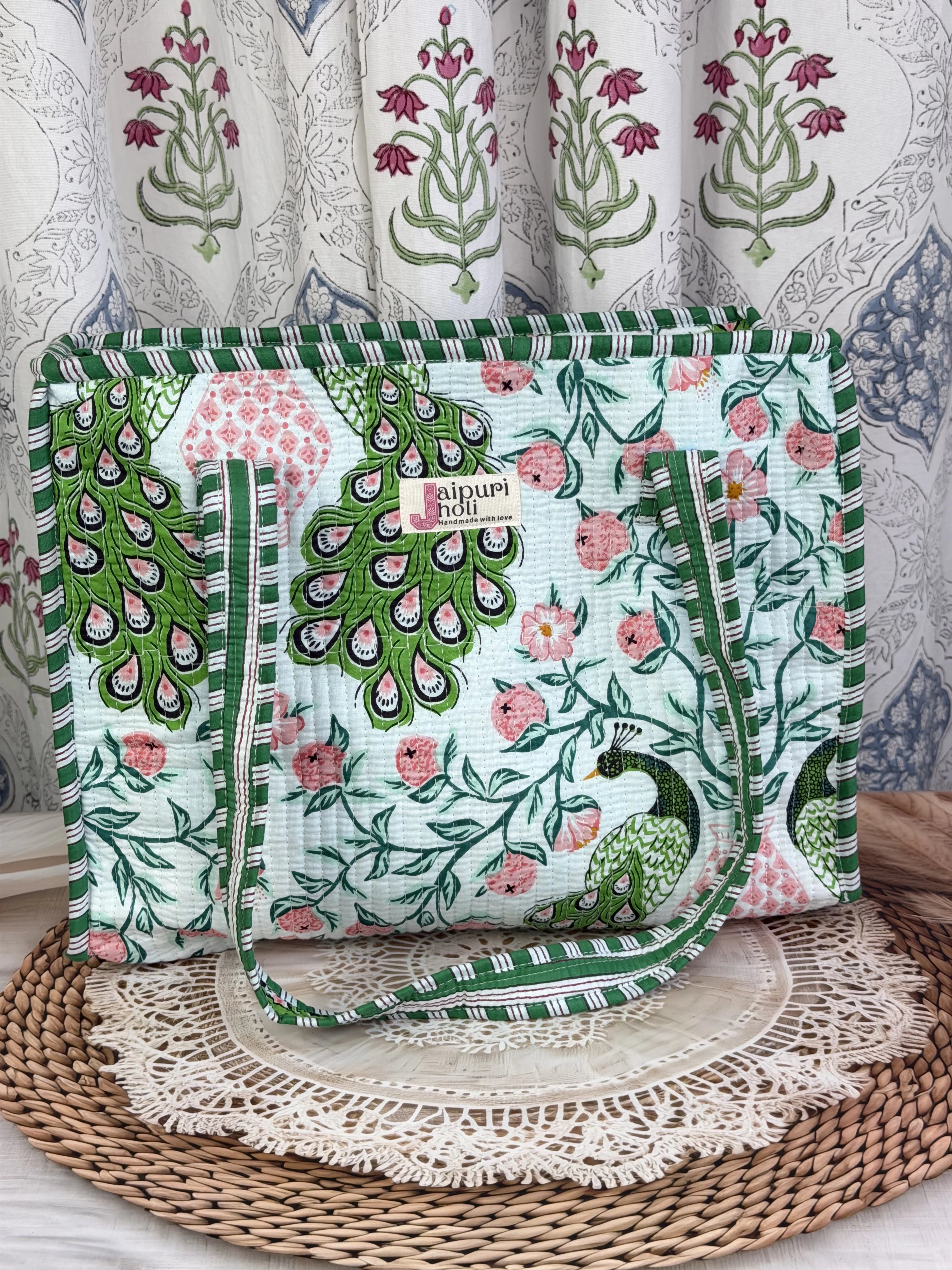 Jaipur Block Print Cotton Quilted zip Tote Bag -  Green Pink Peacock Print Front View
