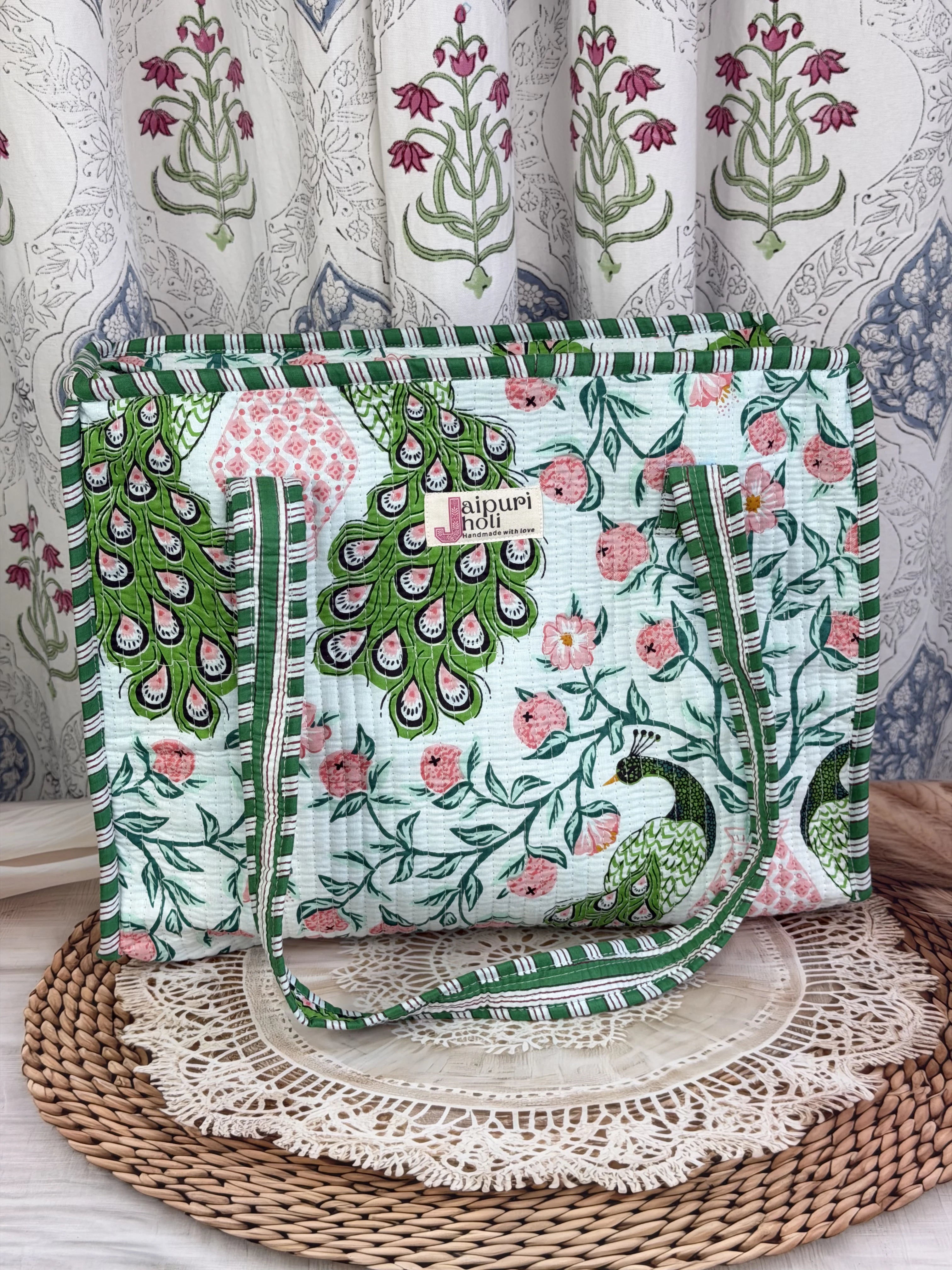 Jaipur Block Print Cotton Quilted zip Tote Bag -  Green Pink Peacock Print Front View