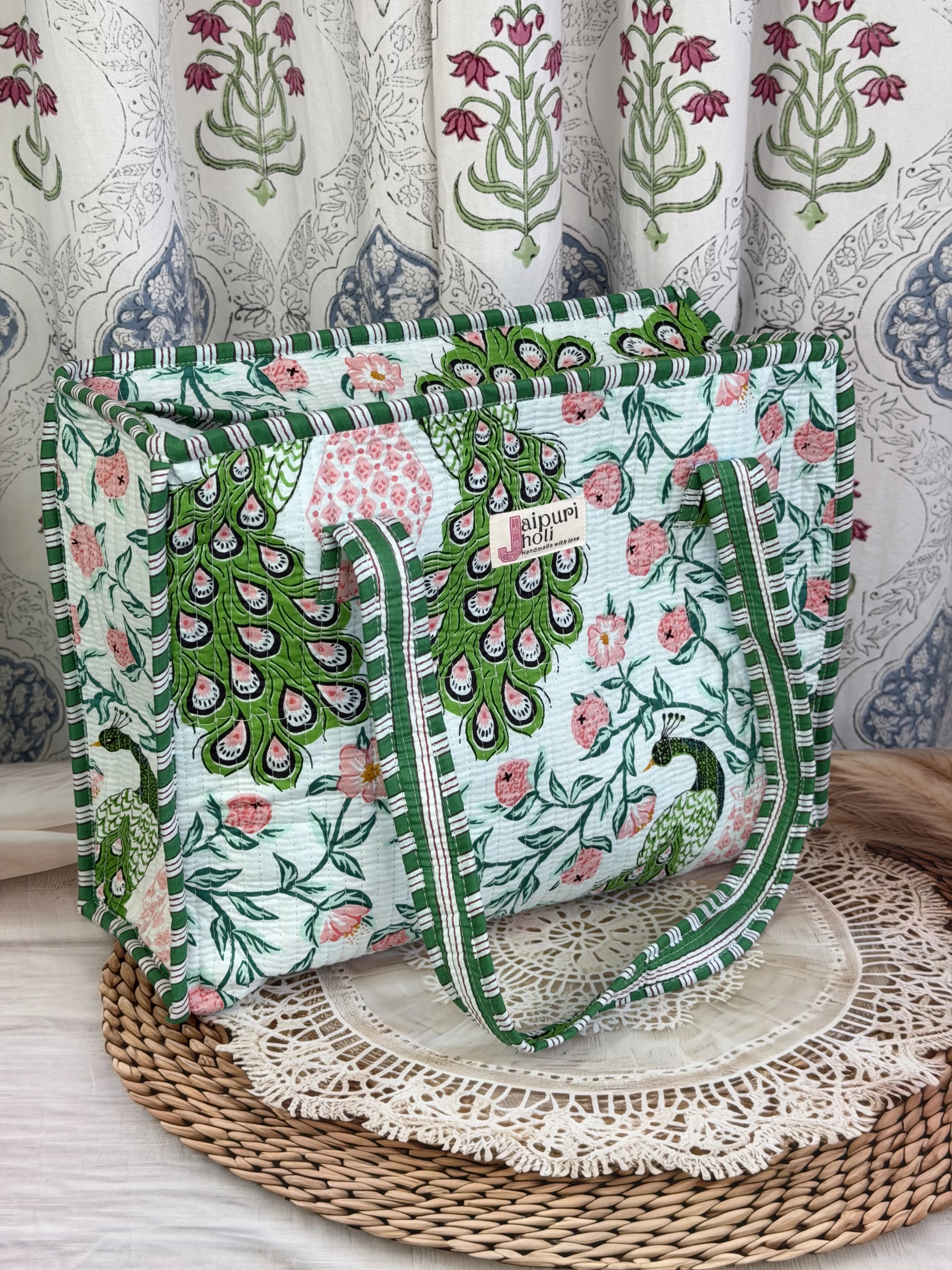Jaipur Block Print Cotton Quilted zip Tote Bag -  Green Pink Peacock Print Side View