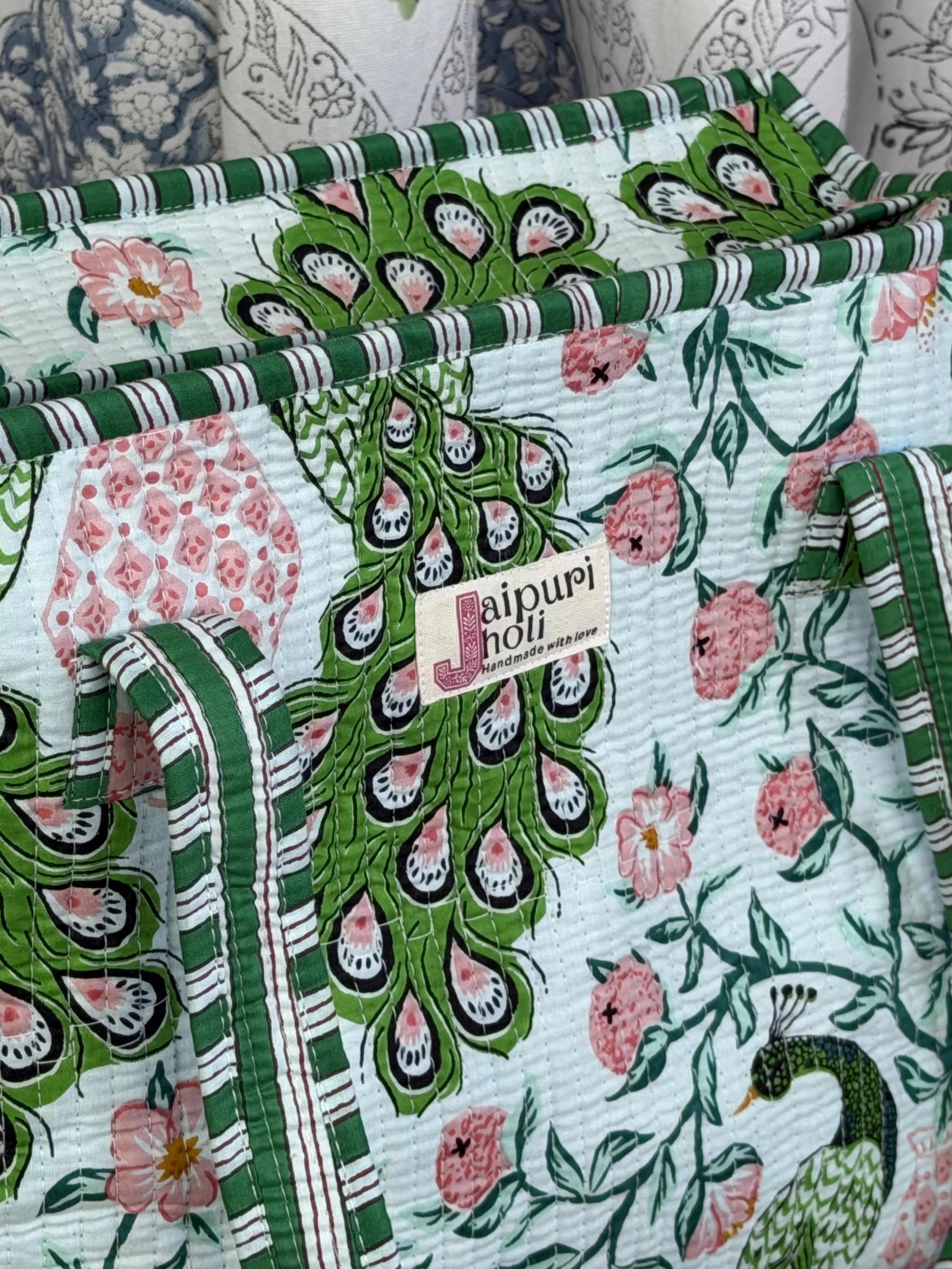 Jaipur Block Print Cotton Quilted zip Tote Bag -  Green Pink Peacock Print Close-Up View
